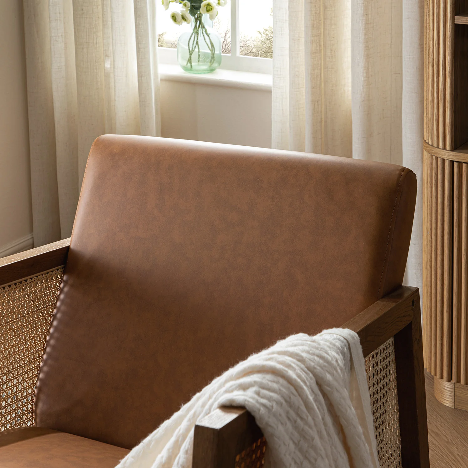 Fyne Tan Faux Leather Rocking Light Walnut Armchair with Rattan Armrests - Image 4