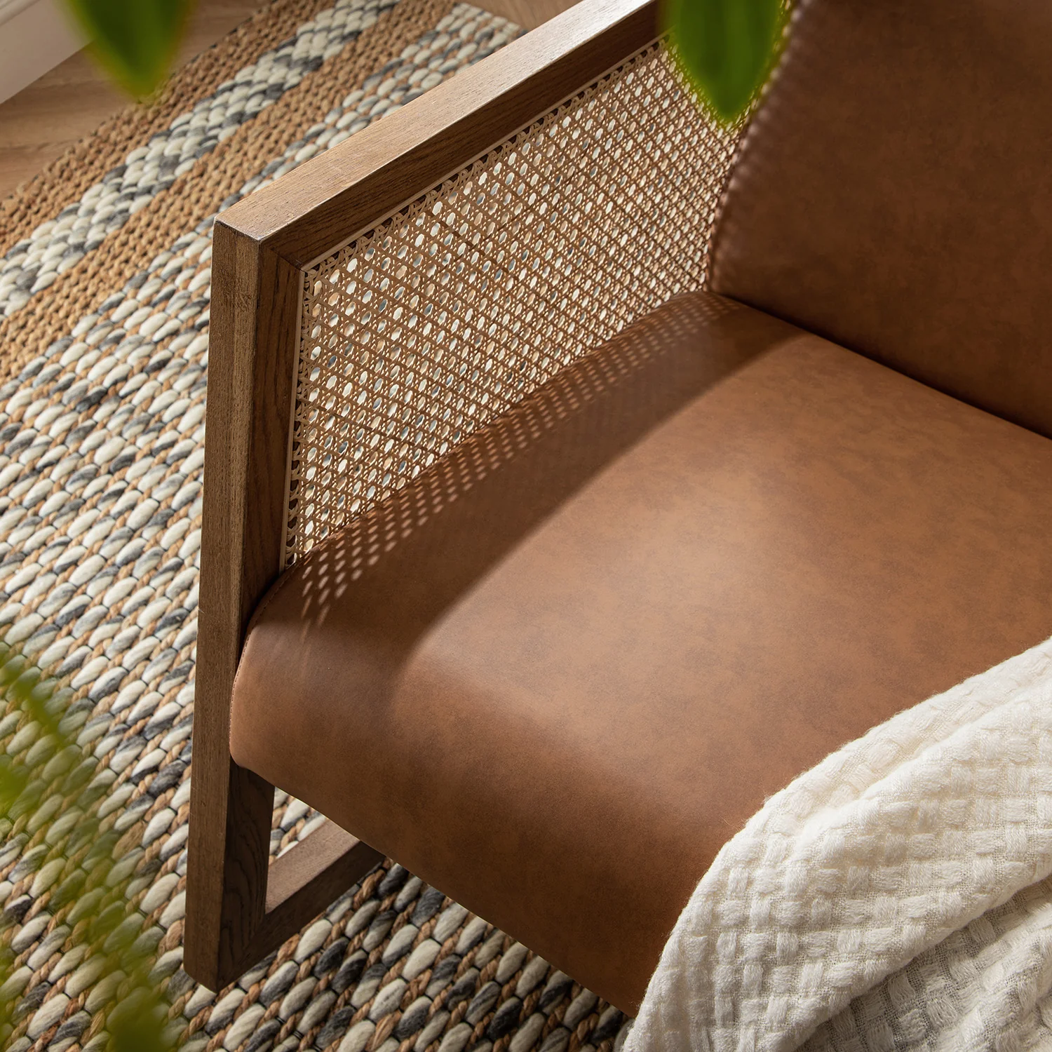 Fyne Tan Faux Leather Rocking Light Walnut Armchair with Rattan Armrests - Image 5