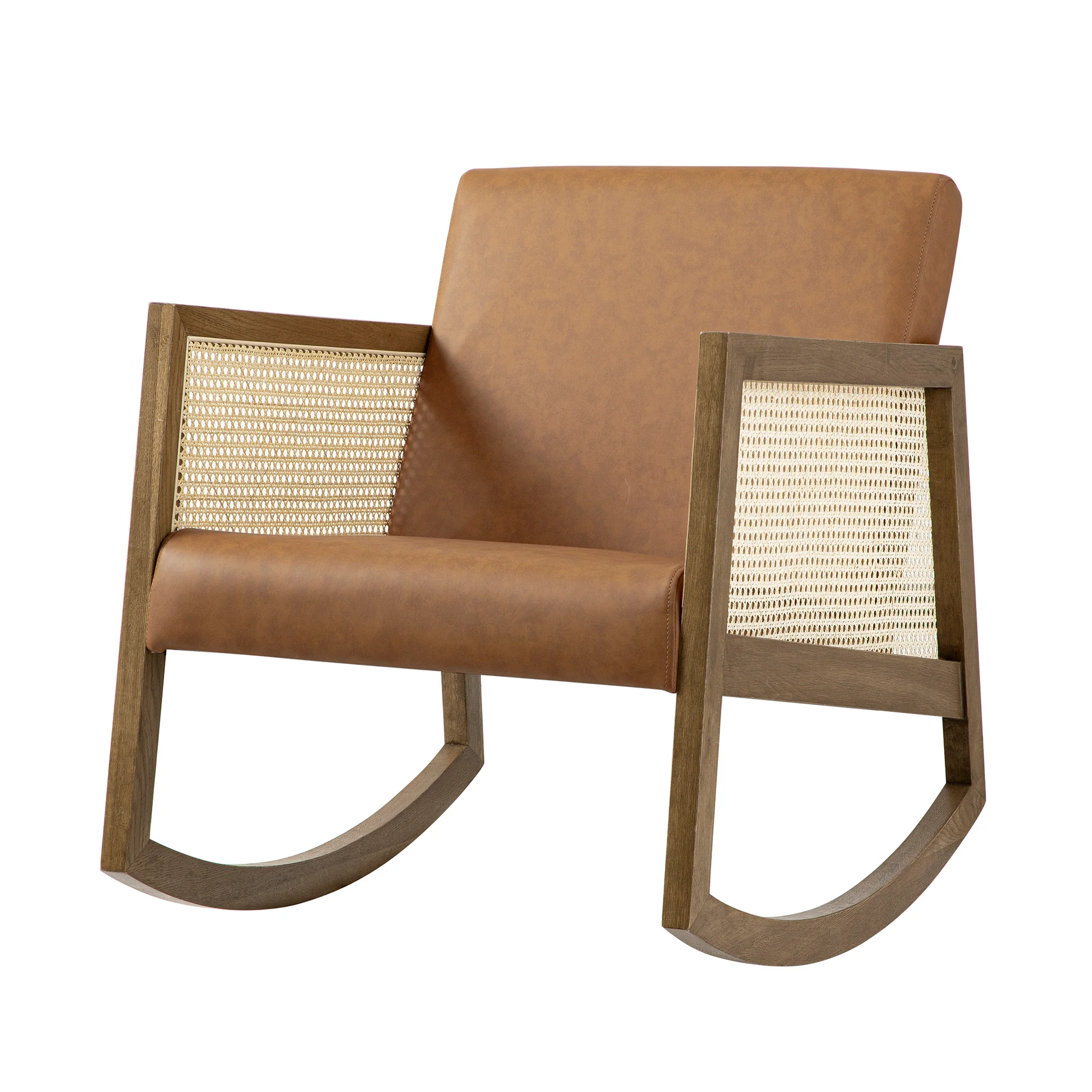 Fyne Tan Faux Leather Rocking Light Walnut Armchair with Rattan Armrests - Image 7