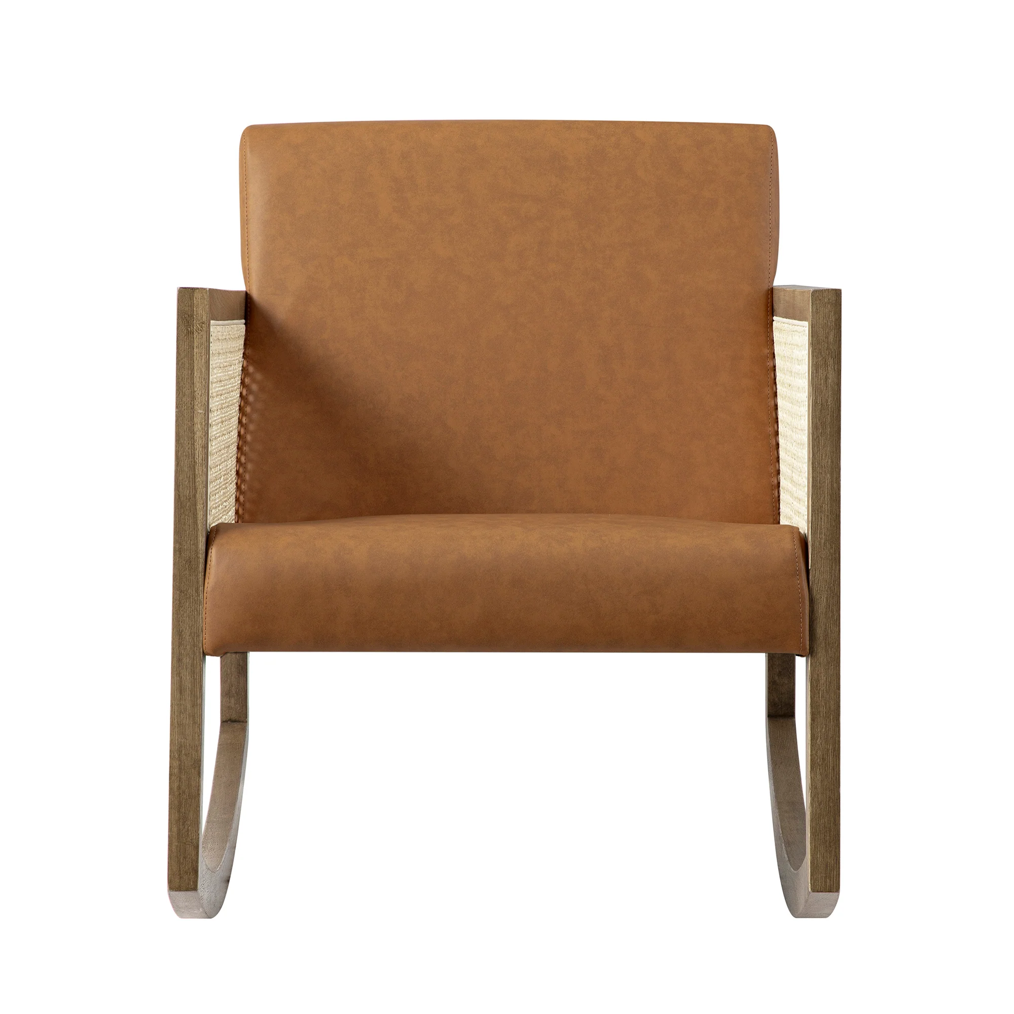 Fyne Tan Faux Leather Rocking Light Walnut Armchair with Rattan Armrests - Image 8