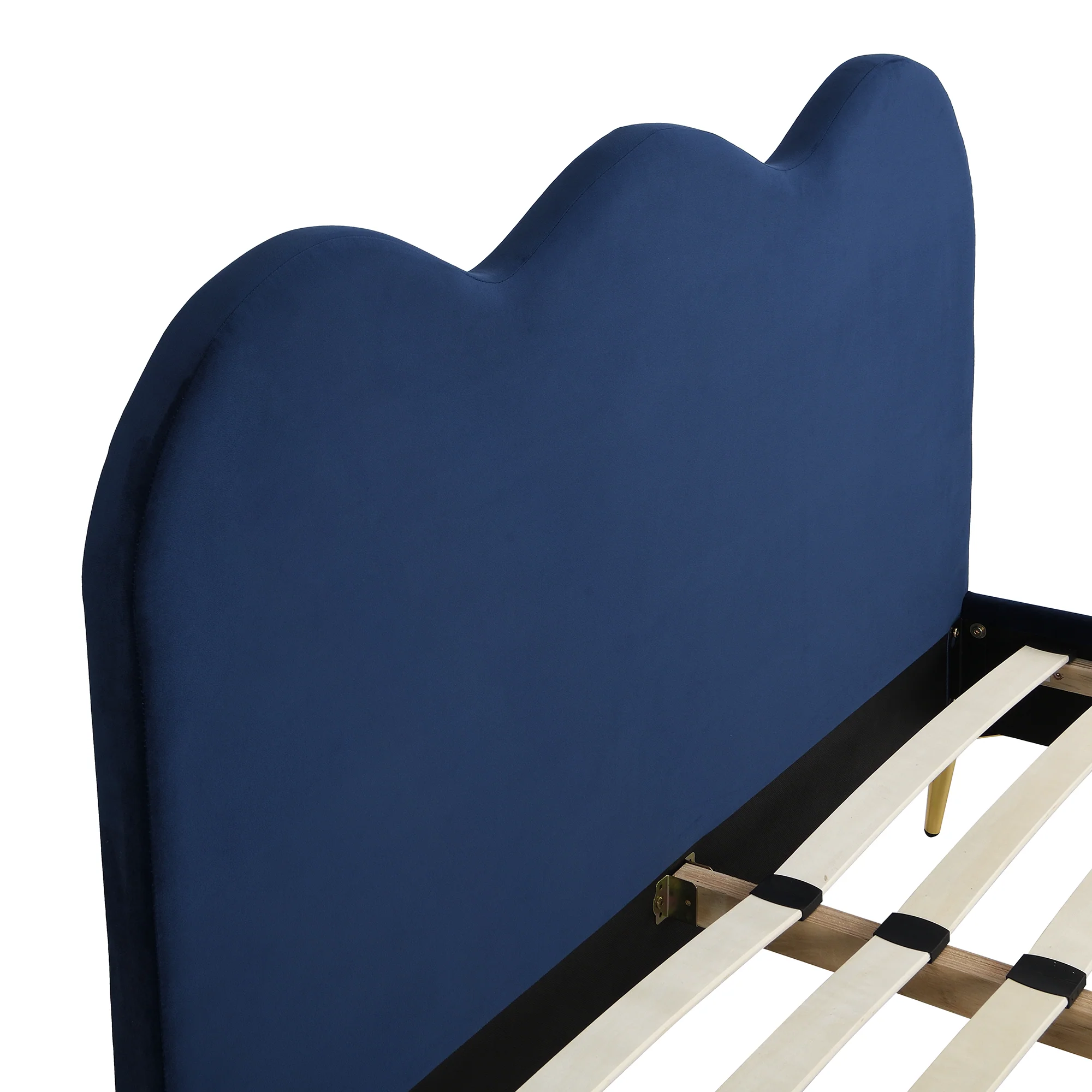 Gidea Velvet Upholstered Bed Frame with Scalloped Headboard & Golden Chrome Legs - Image 10