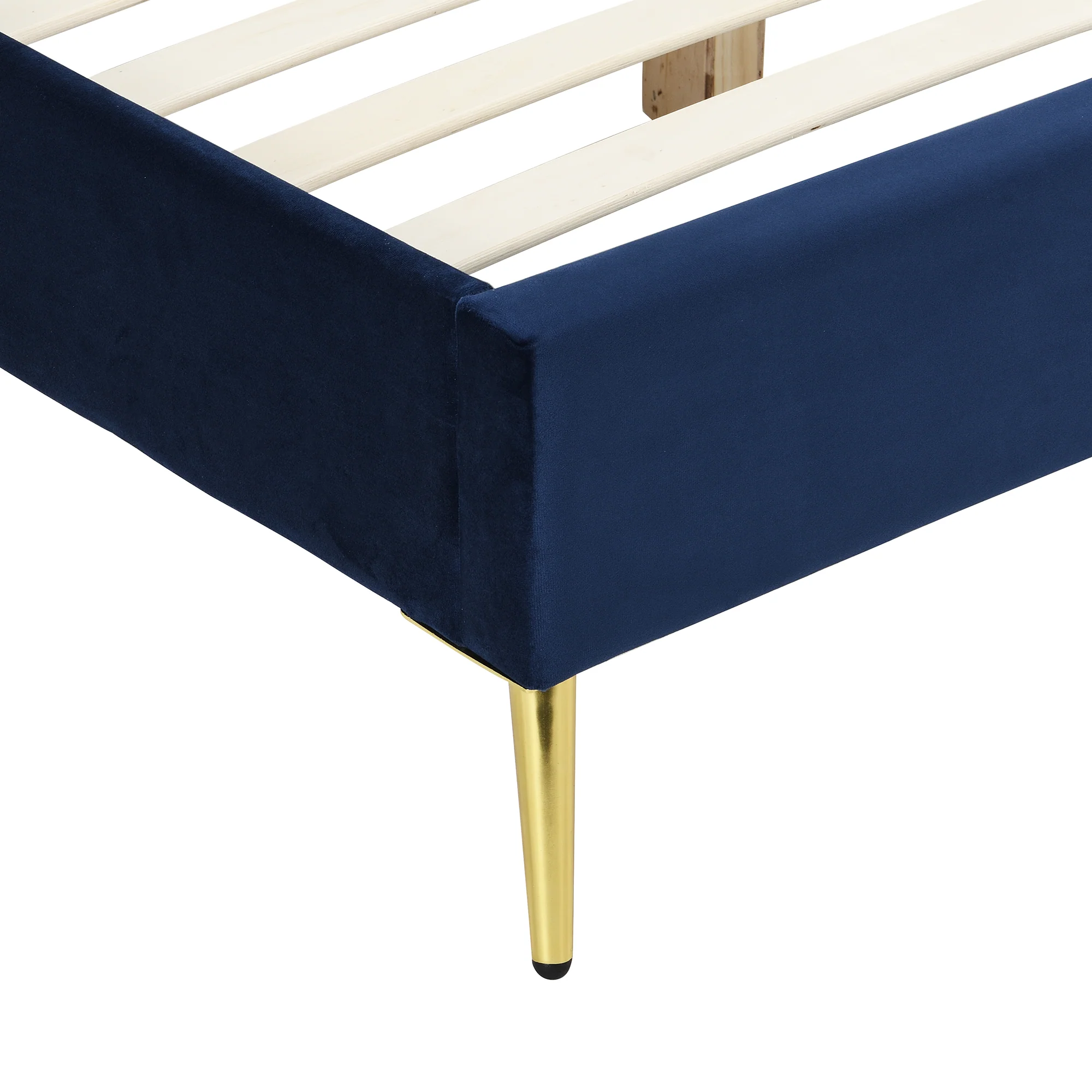 Gidea Velvet Upholstered Bed Frame with Scalloped Headboard & Golden Chrome Legs - Image 11