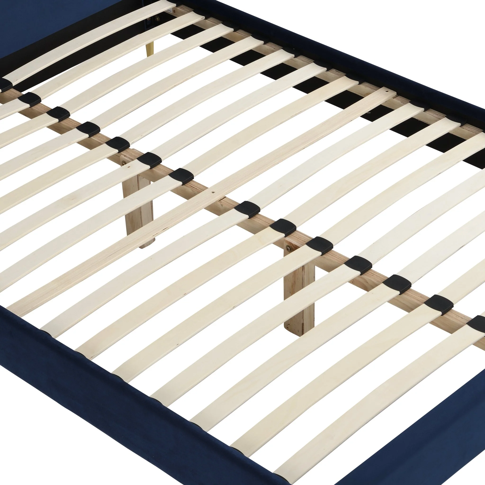 Gidea Velvet Upholstered Bed Frame with Scalloped Headboard & Golden Chrome Legs - Image 12