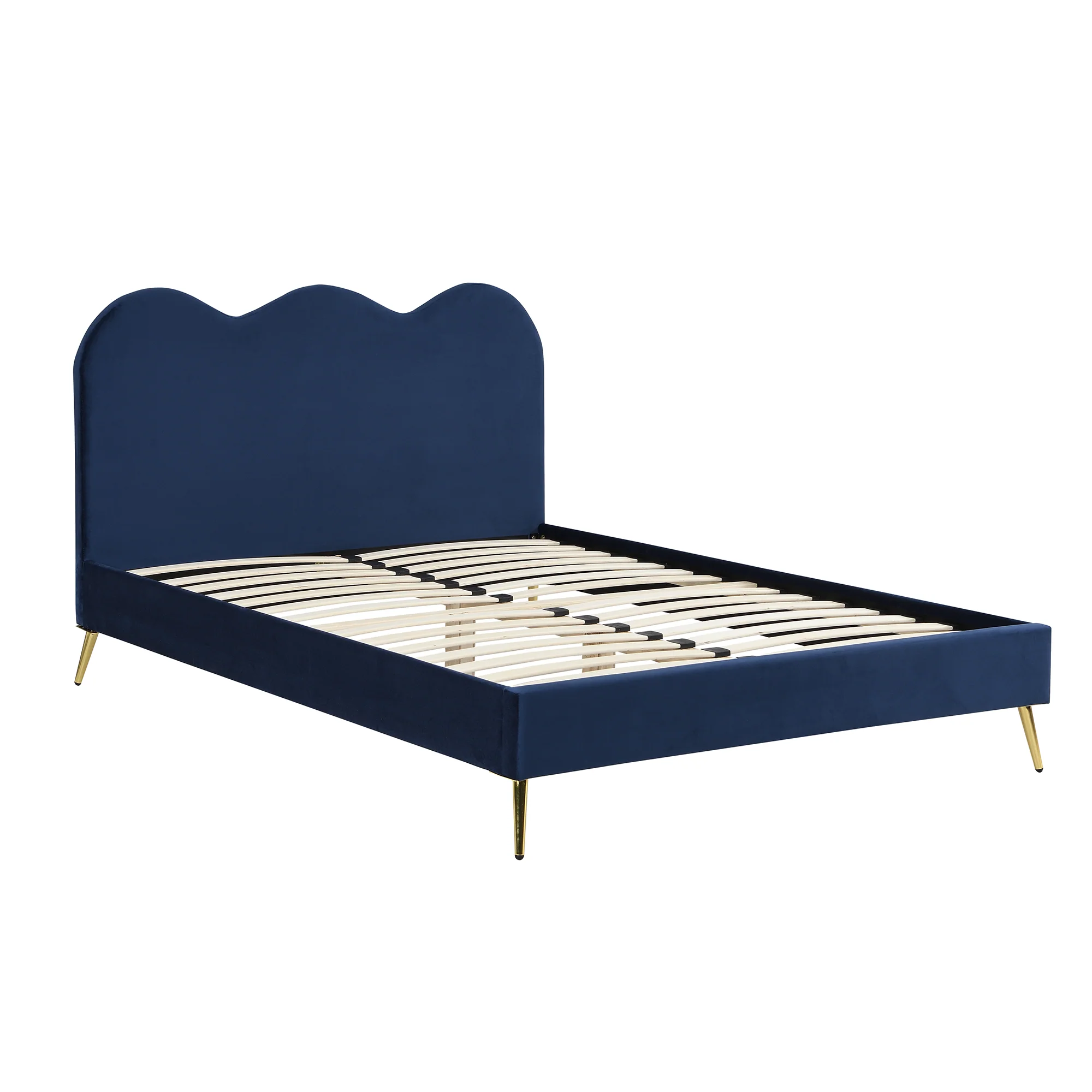 Gidea Velvet Upholstered Bed Frame with Scalloped Headboard & Golden Chrome Legs - Image 3