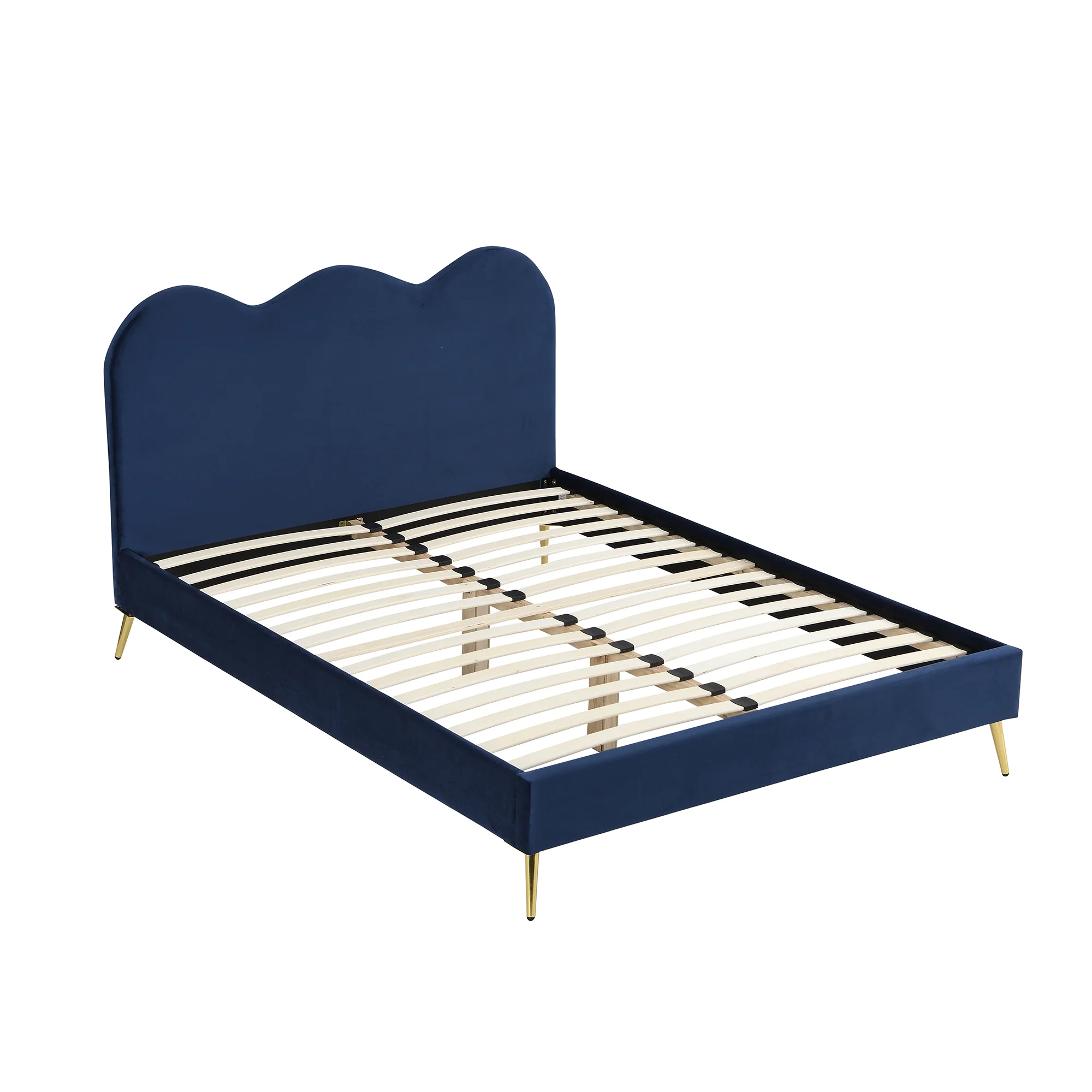 Gidea Velvet Upholstered Bed Frame with Scalloped Headboard & Golden Chrome Legs - Image 4