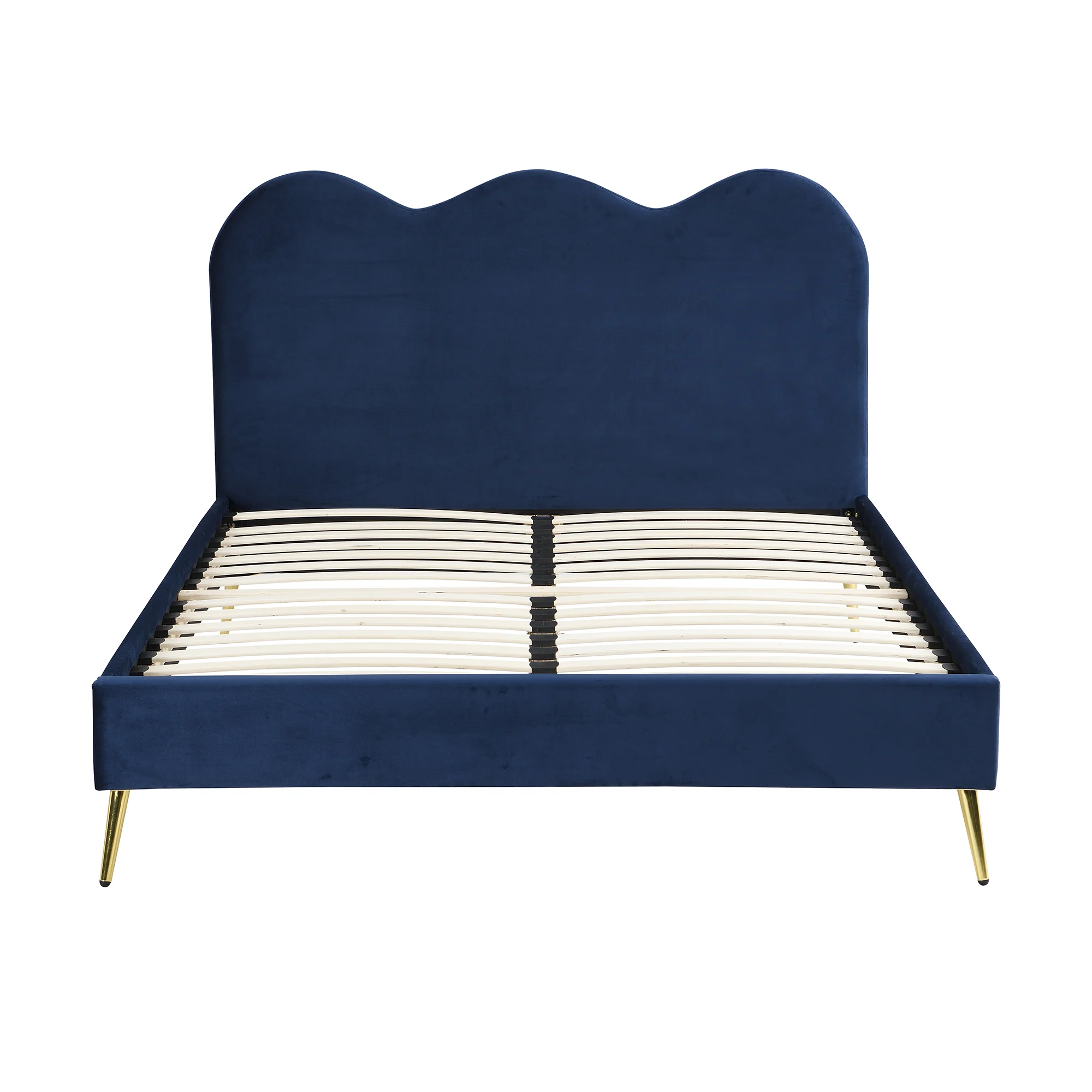 Gidea Velvet Upholstered Bed Frame with Scalloped Headboard & Golden Chrome Legs - Image 6
