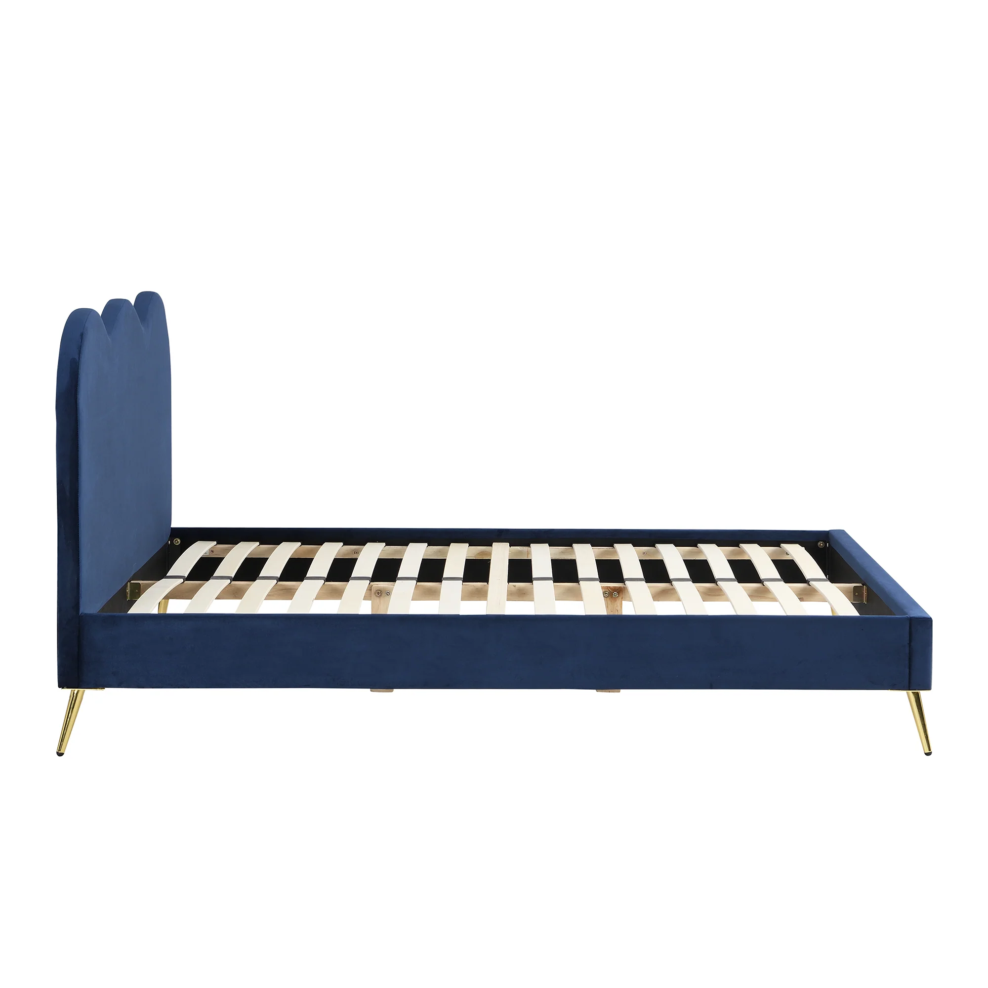 Gidea Velvet Upholstered Bed Frame with Scalloped Headboard & Golden Chrome Legs - Image 7