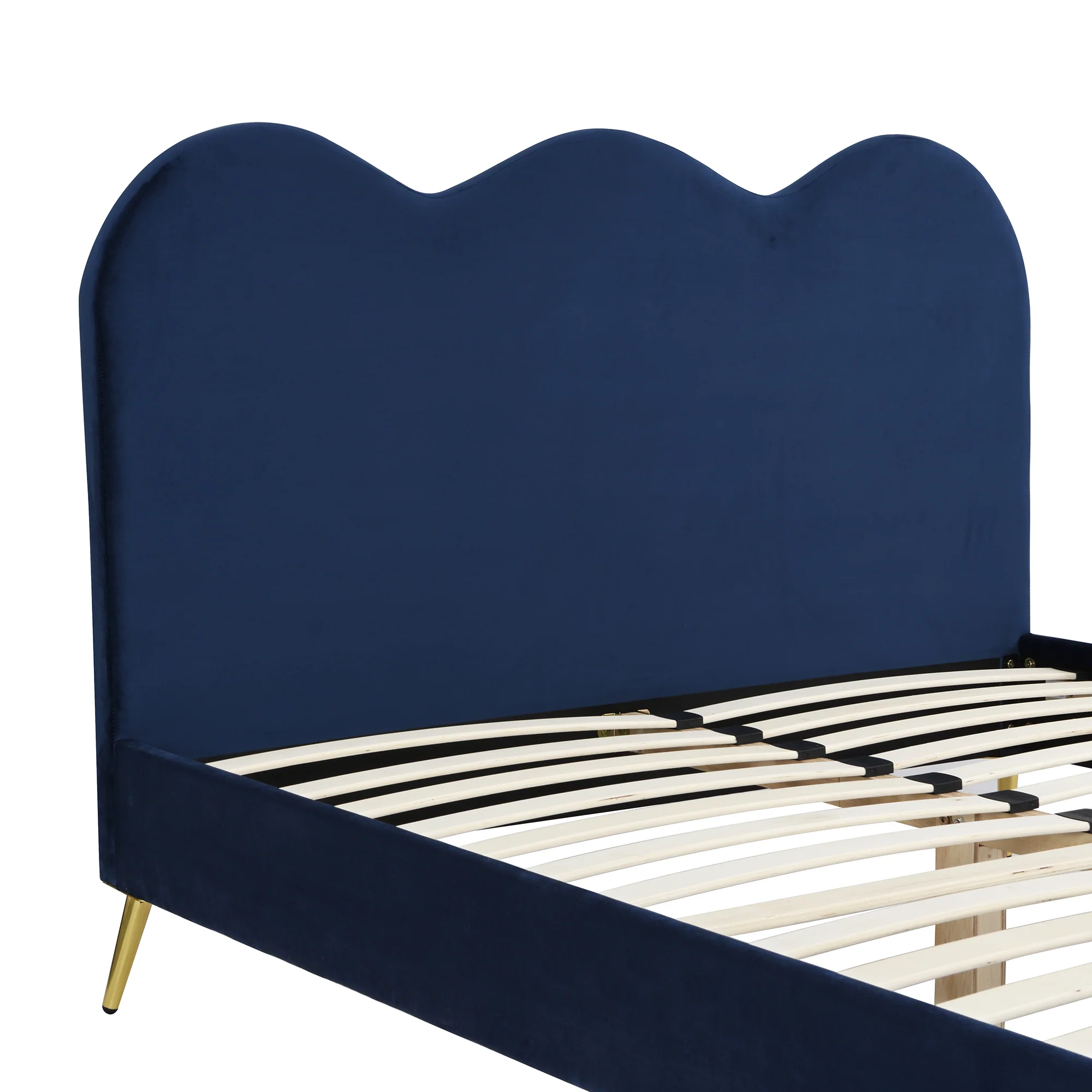 Gidea Velvet Upholstered Bed Frame with Scalloped Headboard & Golden Chrome Legs - Image 9