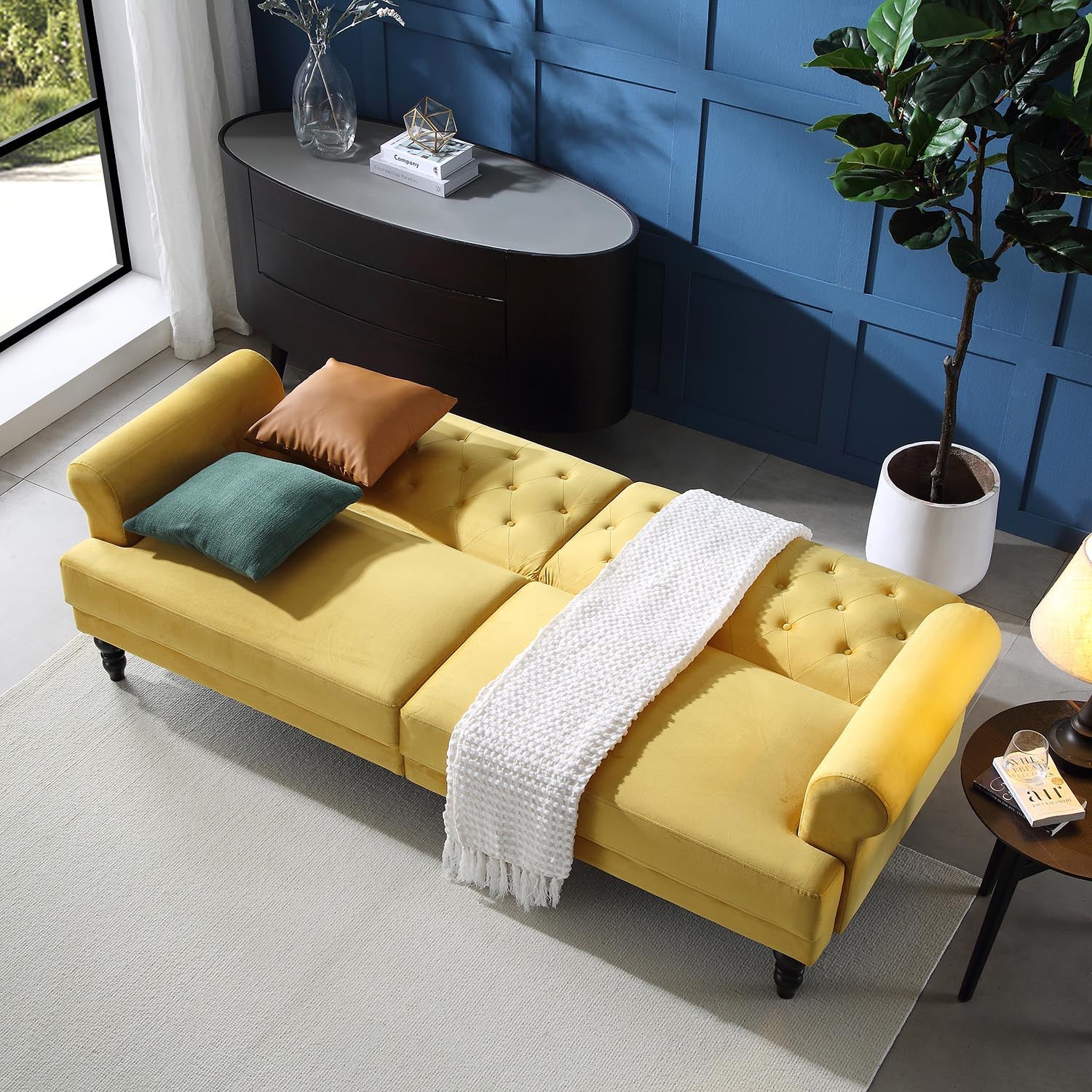Hanney 3-Seater Chesterfield Sofabed in Mustard Yellow Velvet - Image 3