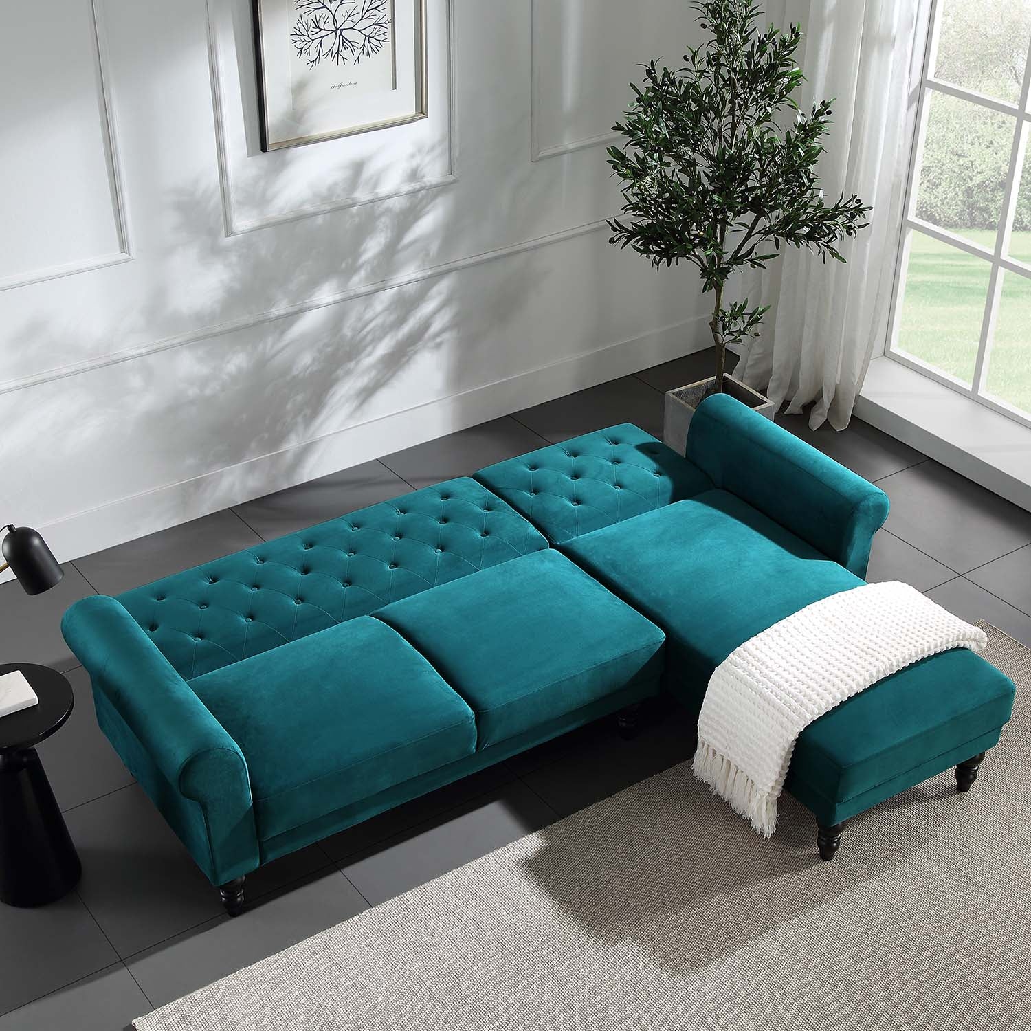 Hanney Chesterfield Chaise Sofabed in Teal Velvet - Image 3