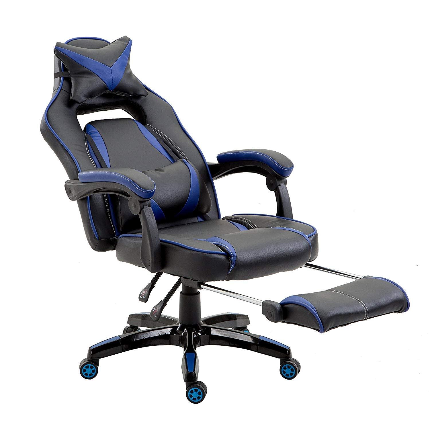 High Back Recliner Gaming Swivel Chair with Footrest & Adjustable Lumbar & Head Cushion, MR49 Black & Blue - Image 5