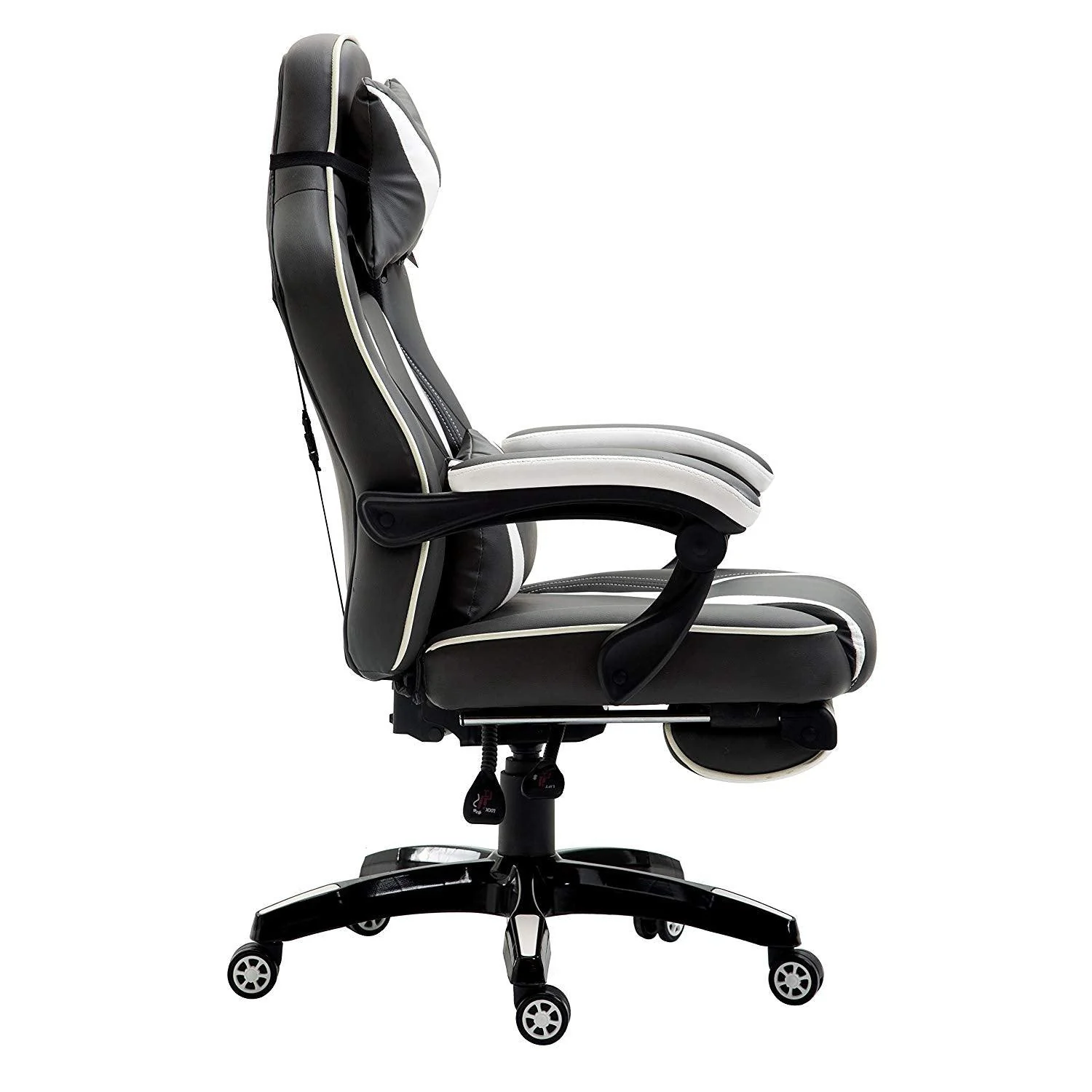 High Back Recliner Gaming Swivel Chair with Footrest & Adjustable Lumbar & Head Cushion, MR49 Black & White - Image 4