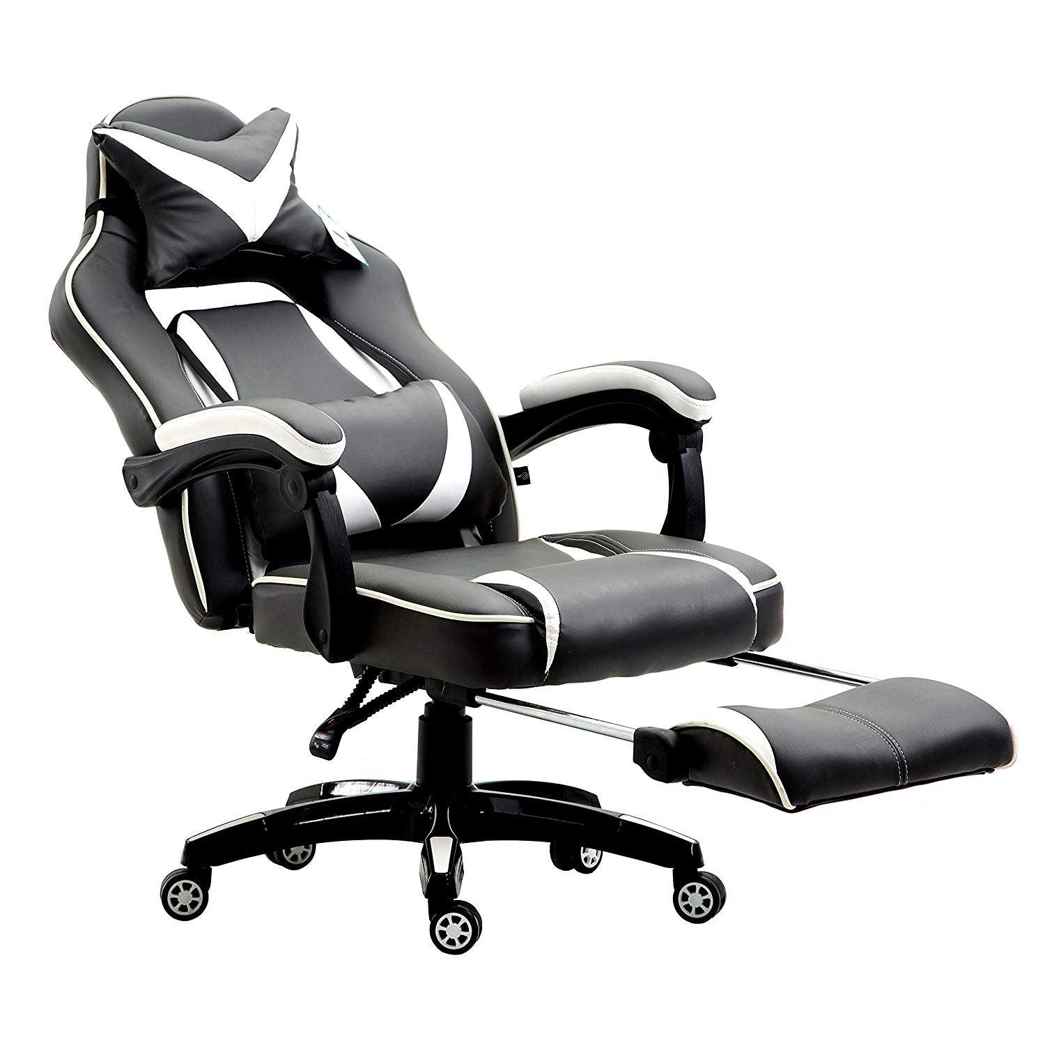 High Back Recliner Gaming Swivel Chair with Footrest & Adjustable Lumbar & Head Cushion, MR49 Black & White - Image 6