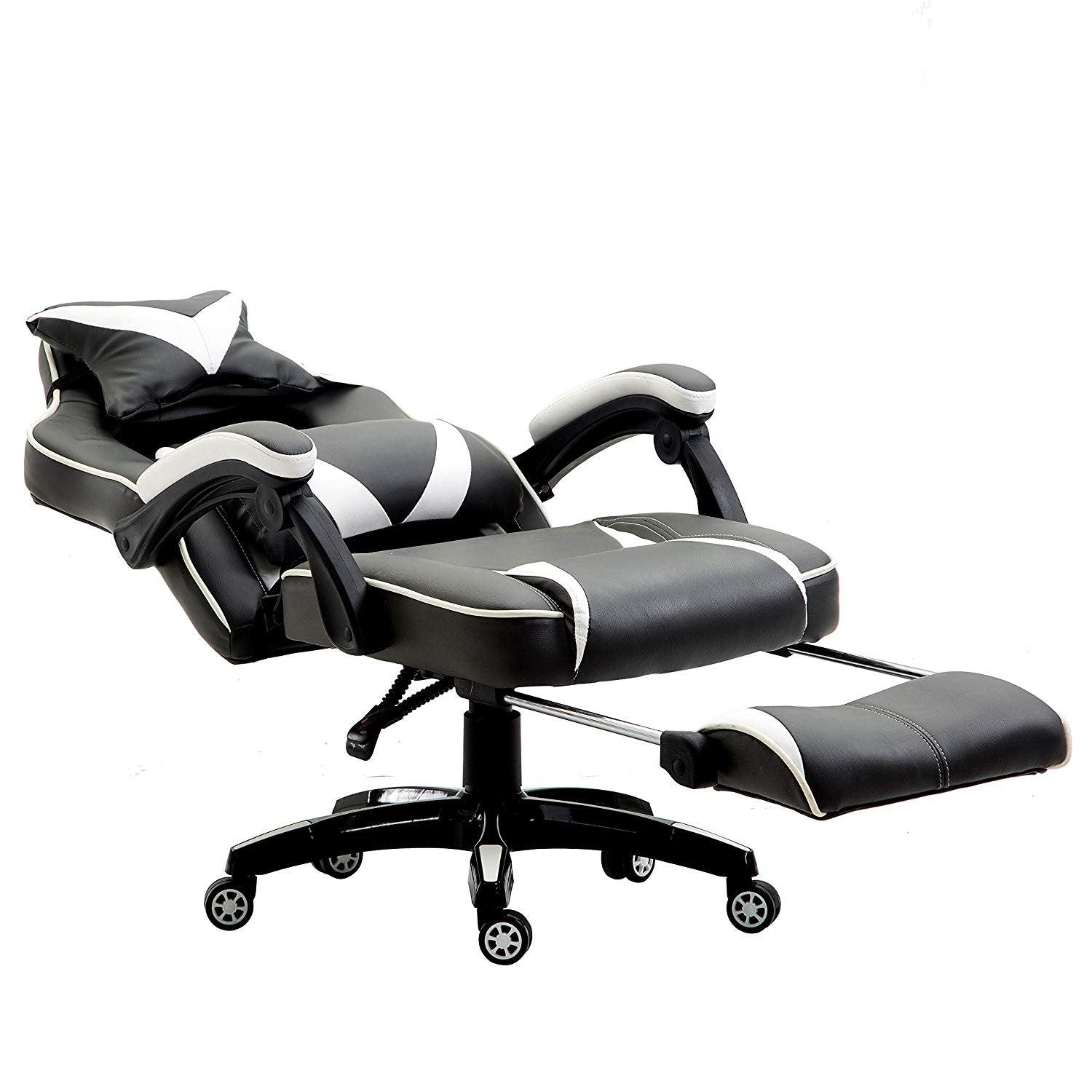 High Back Recliner Gaming Swivel Chair with Footrest & Adjustable Lumbar & Head Cushion, MR49 Black & White - Image 7