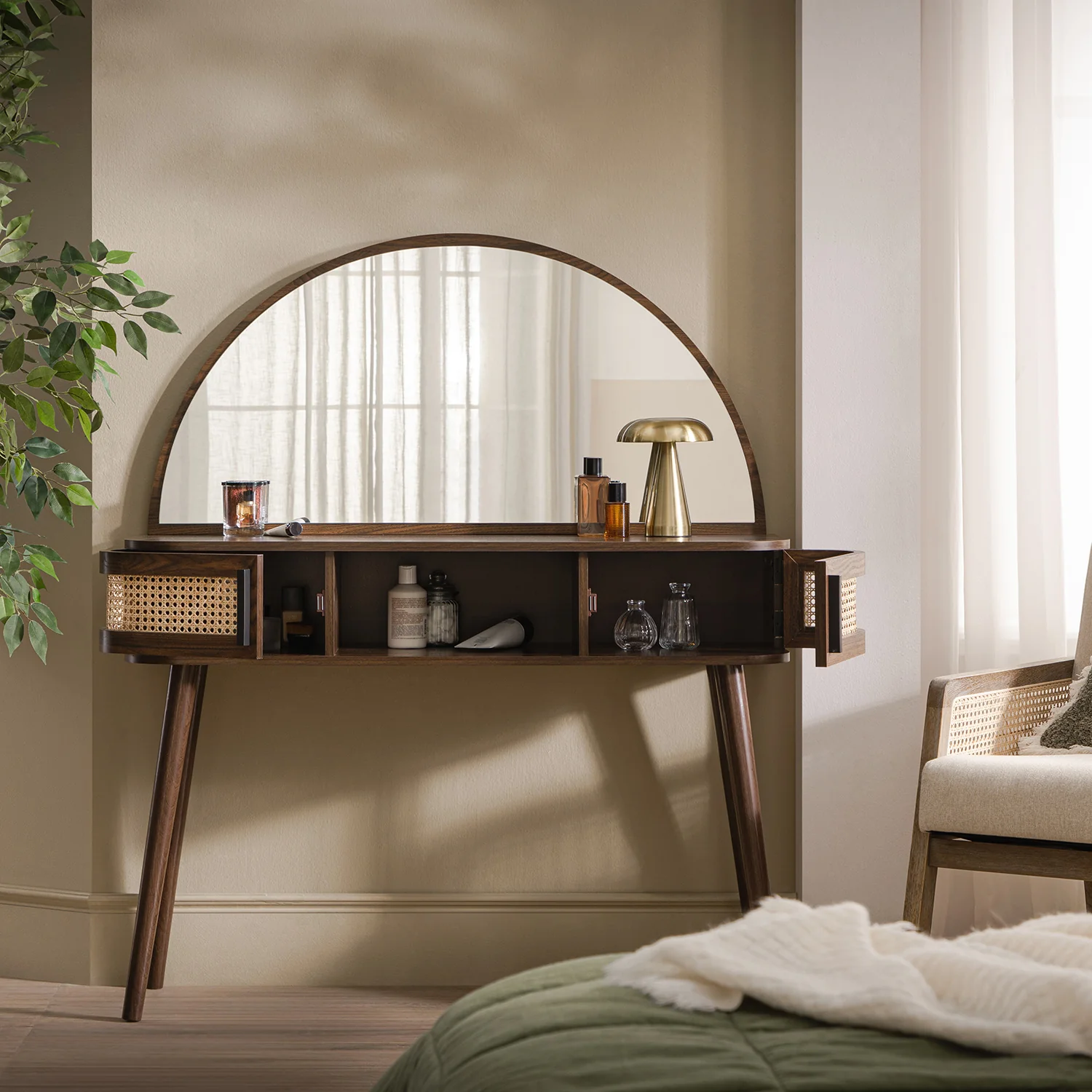 Izzy Curved Rattan Dressing Table, Walnut - Image 3