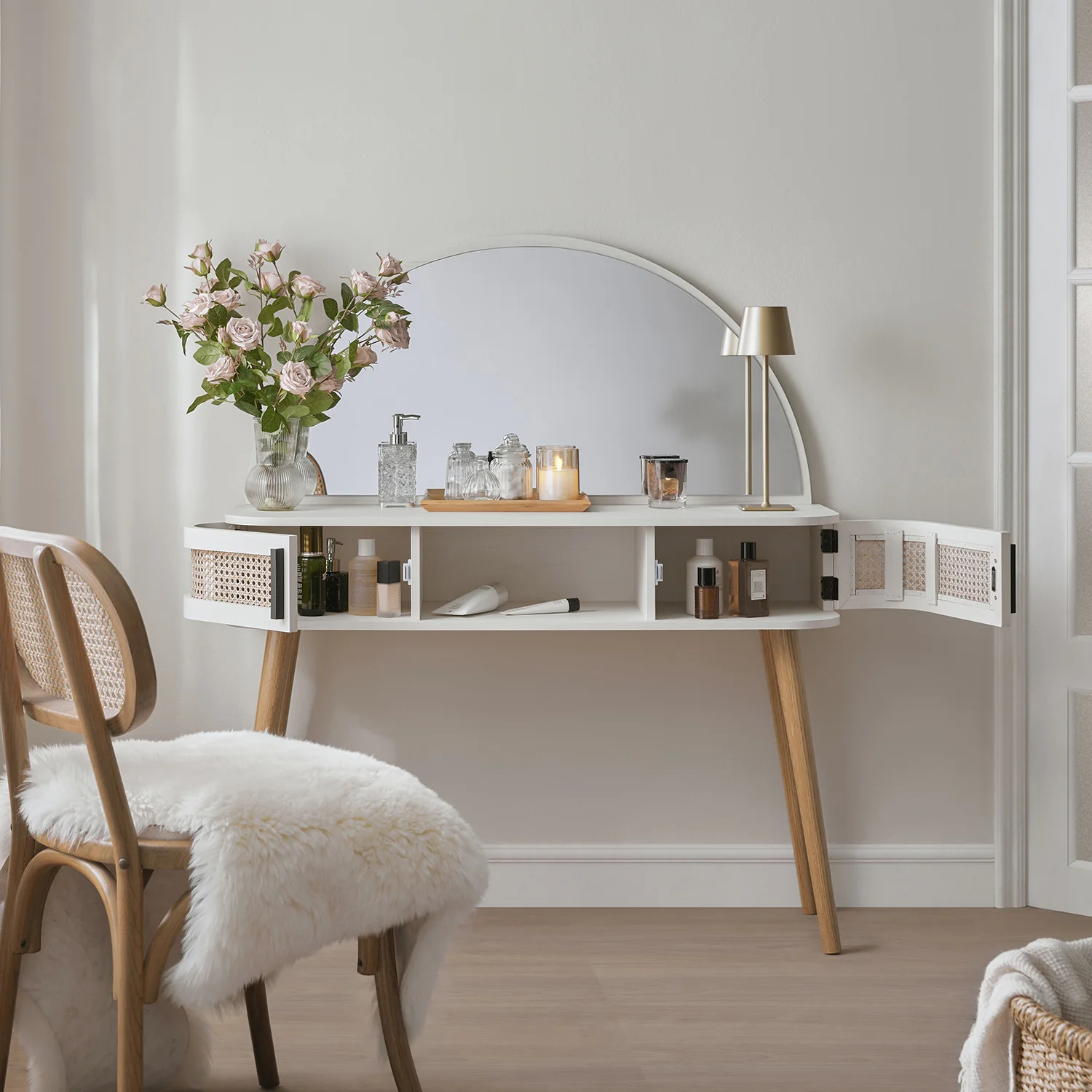 Izzy Curved Rattan Dressing Table, White - Image 3