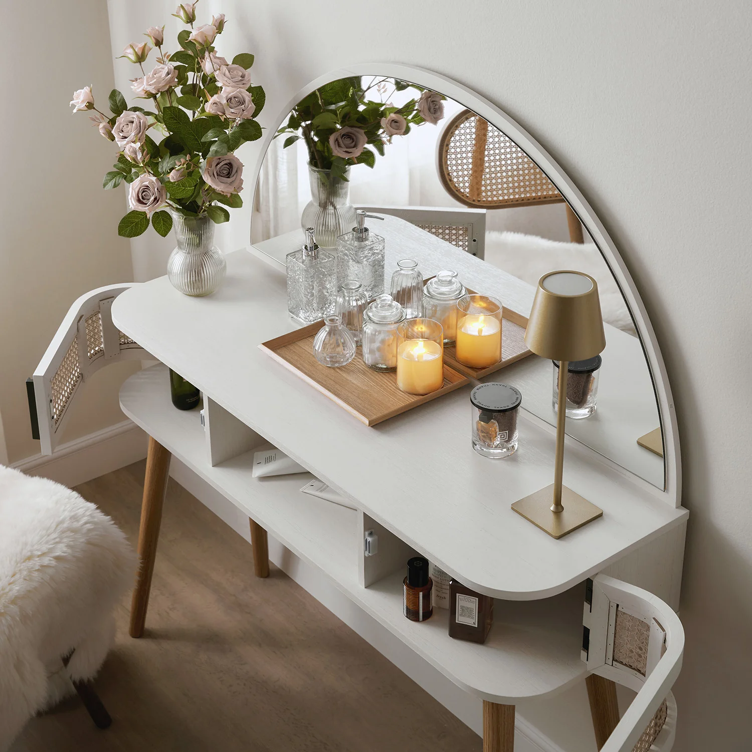 Izzy Curved Rattan Dressing Table, White - Image 4