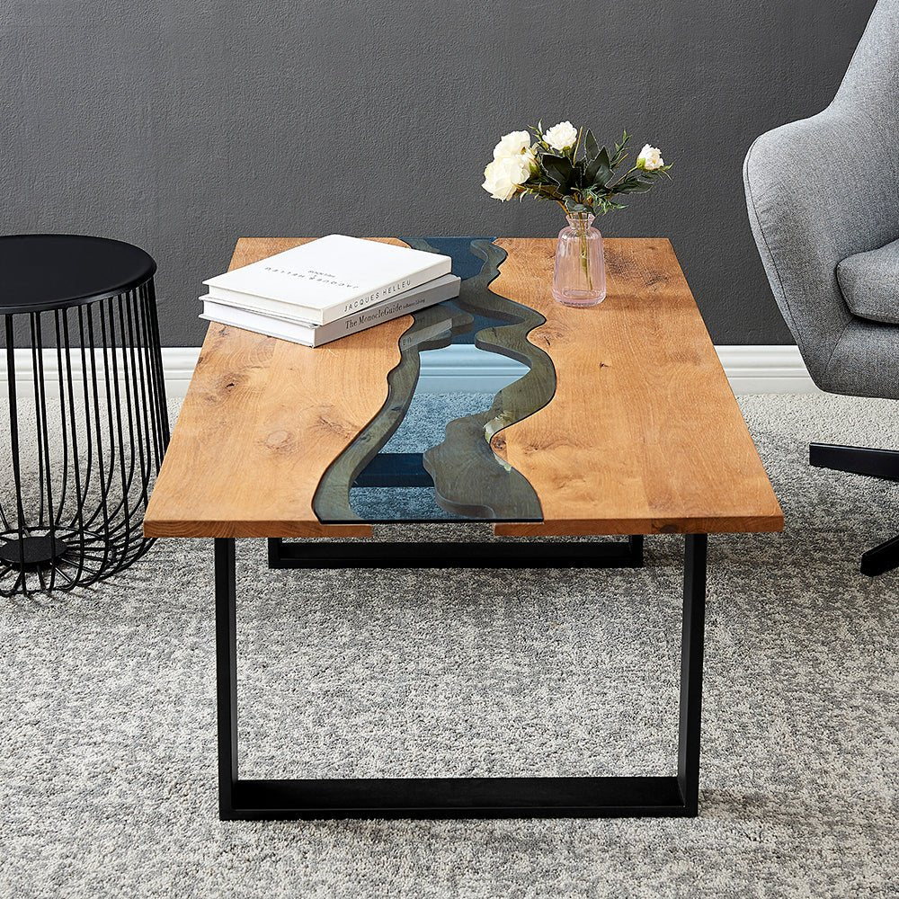 Kelonwa River Effect solid Oak and inset Glass Coffee Table - Image 3