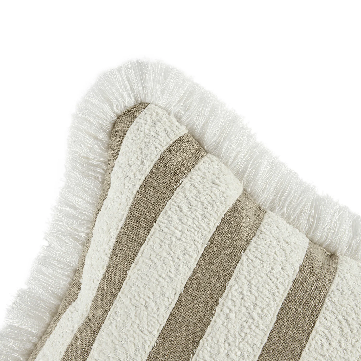 Kyra Cream White & Taupe Striped Linen Bouclé Fringed Cushion - Image 4