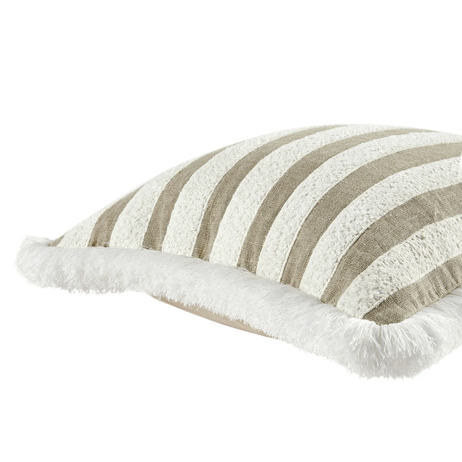 Kyra Cream White & Taupe Striped Linen Bouclé Fringed Cushion - Image 5