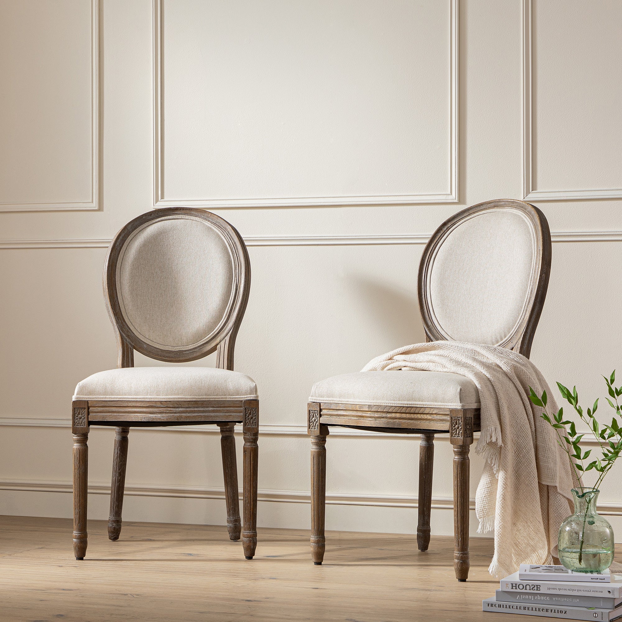 Lainston Set of 2 Classic Weathered Oak Dining Chairs, Oatmeal Brushed Fabric - Image 3