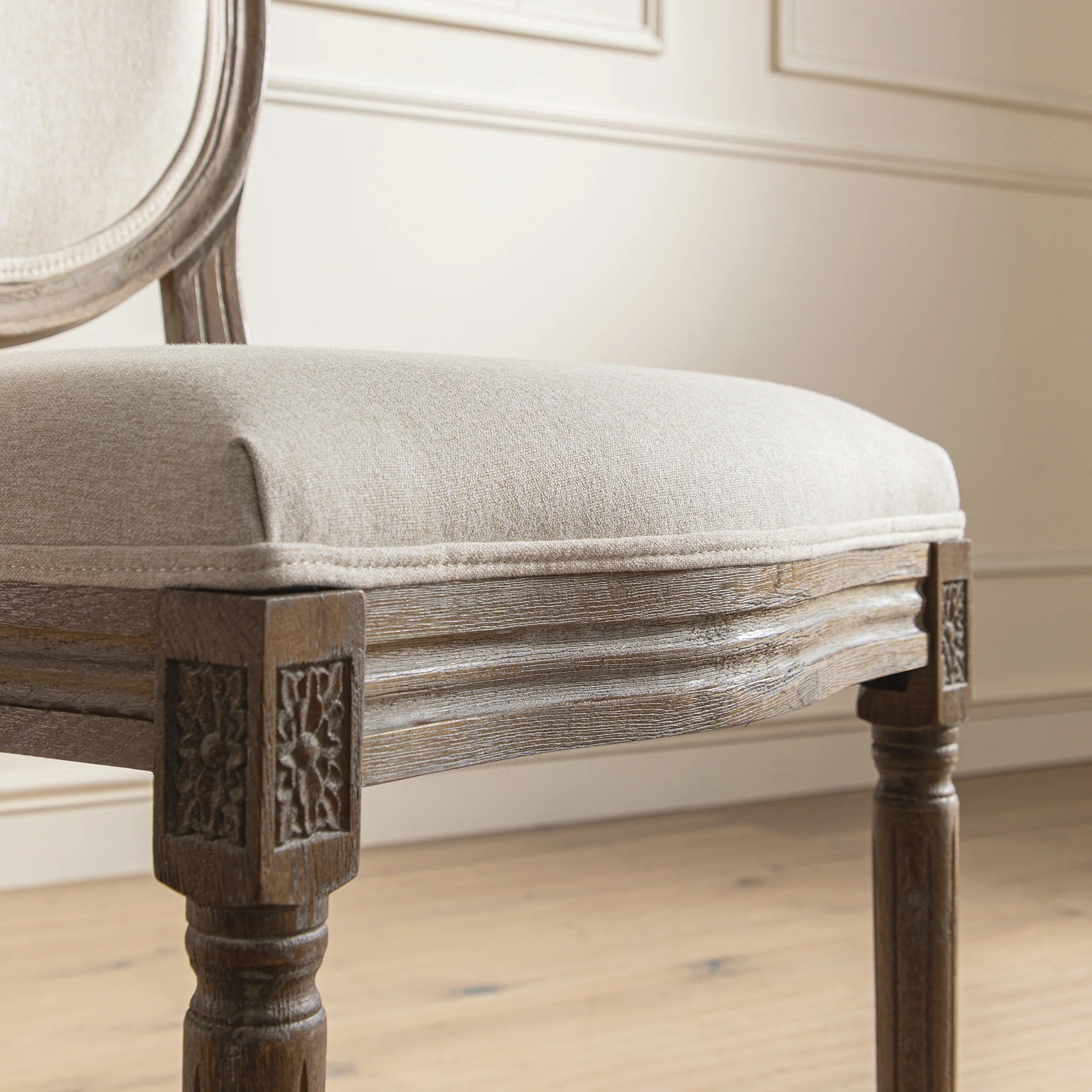 Lainston Set of 2 Classic Weathered Oak Dining Chairs, Oatmeal Brushed Fabric - Image 6