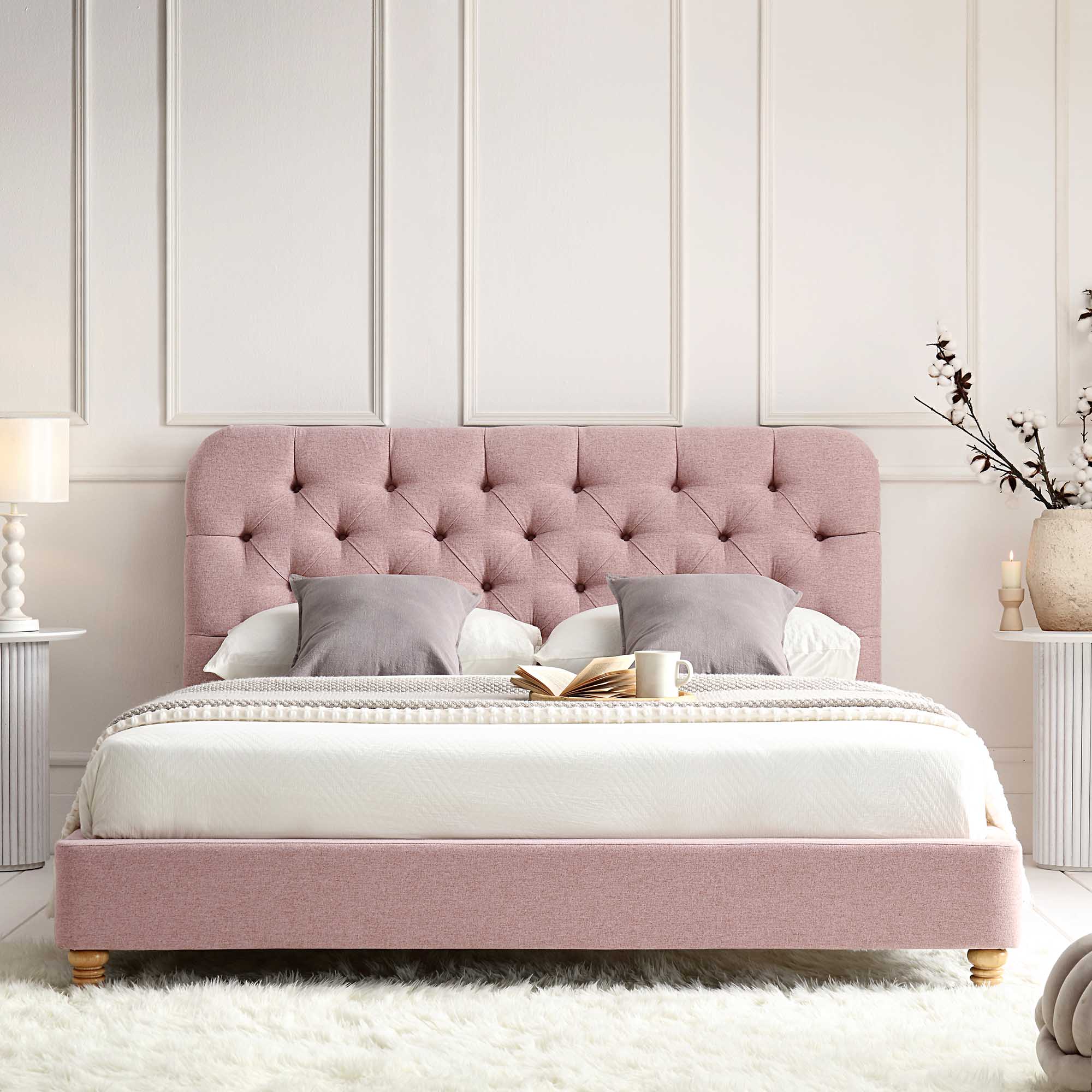 Leamington Deep-Buttoned Upholstered Bed, Rosewater Pink Fabric - Image 3
