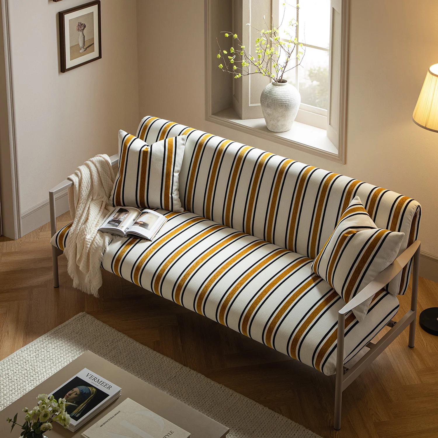 Linea Three Seater Sofa Bed, Amber Striped Chenille - Image 6