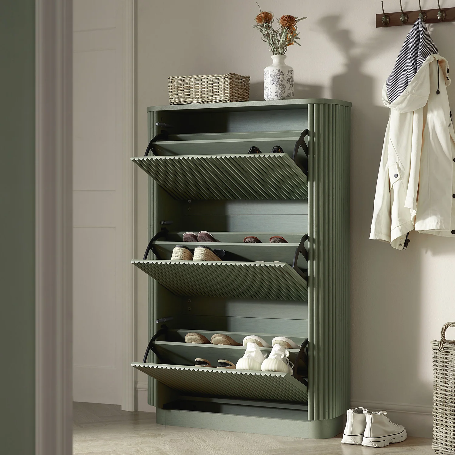 Maru 3-Door Shoe Storage Cabinet, Sage Green - Image 3