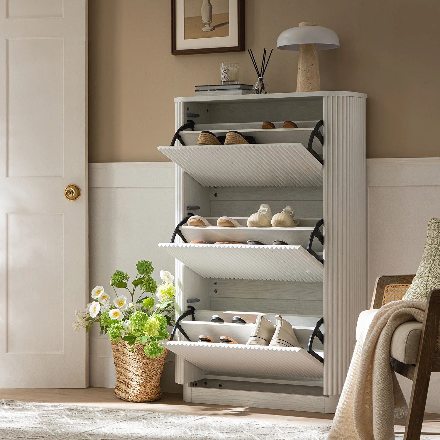 Maru 3-Door Shoe Storage Cabinet, Washed White - Image 3