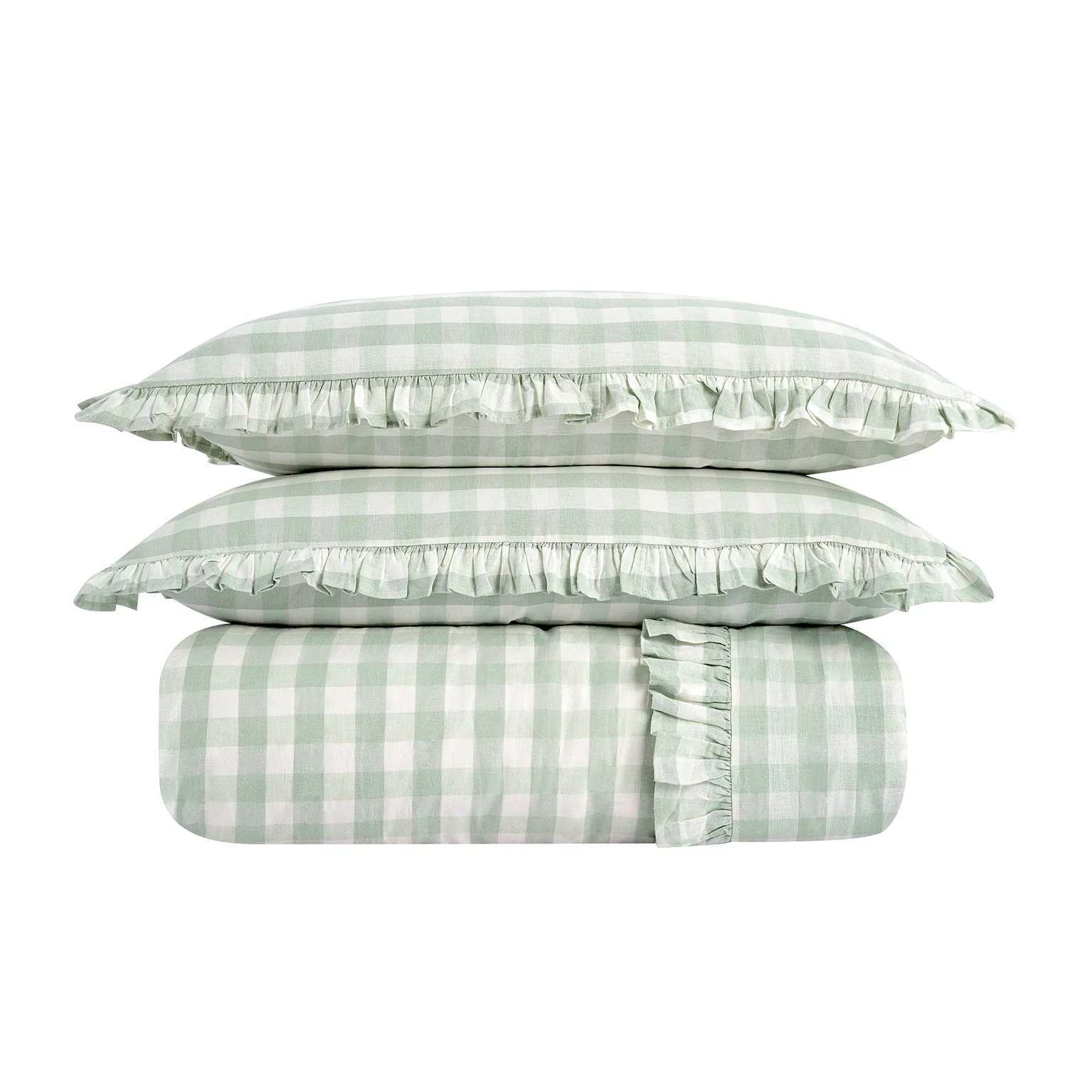 Matilda Sage Green Gingham Ruffle Linen Blend Duvet Set - Image 3