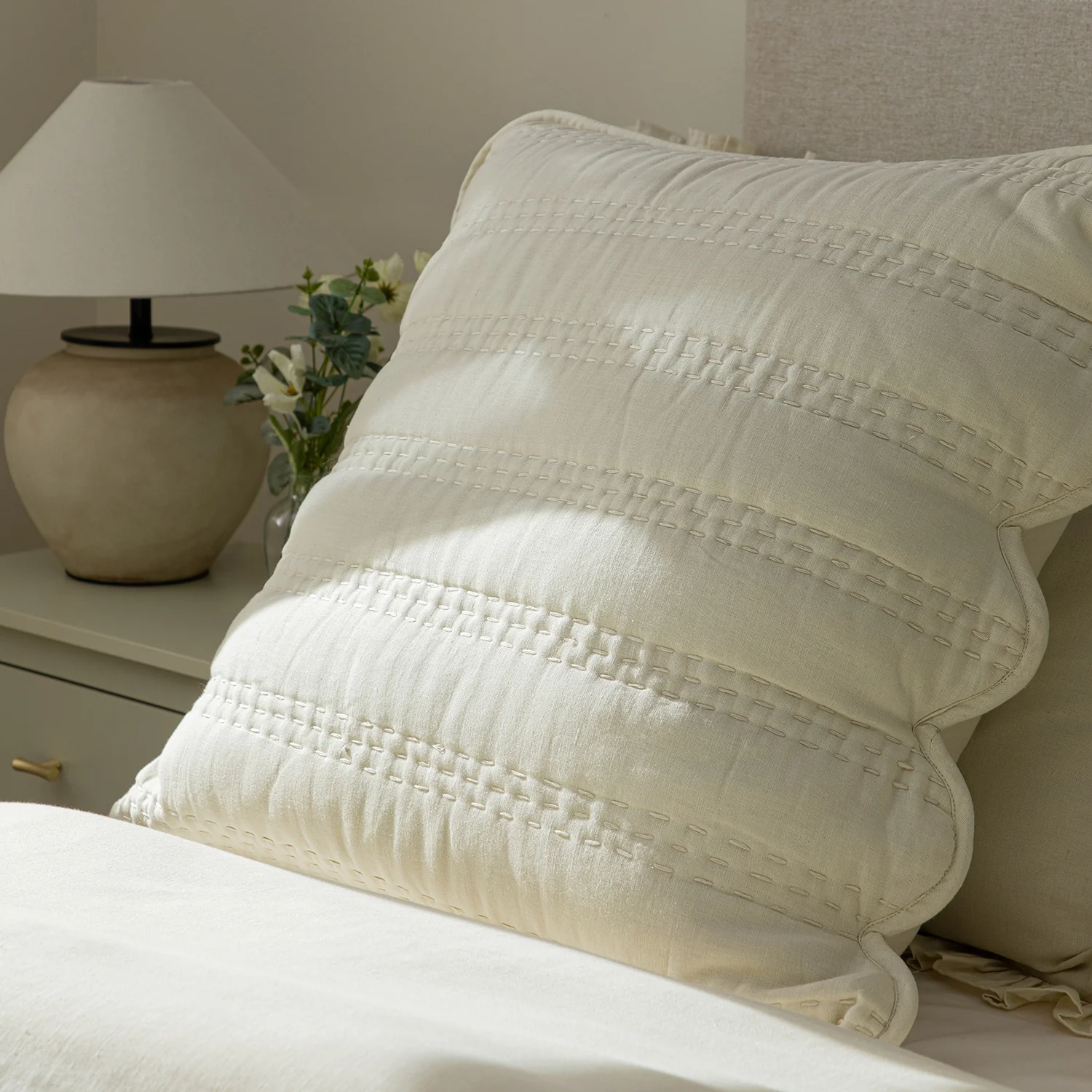 Matilda Cream Scallop Quilted Linen Blend Continental Square Pillowcases - Pair - Image 4