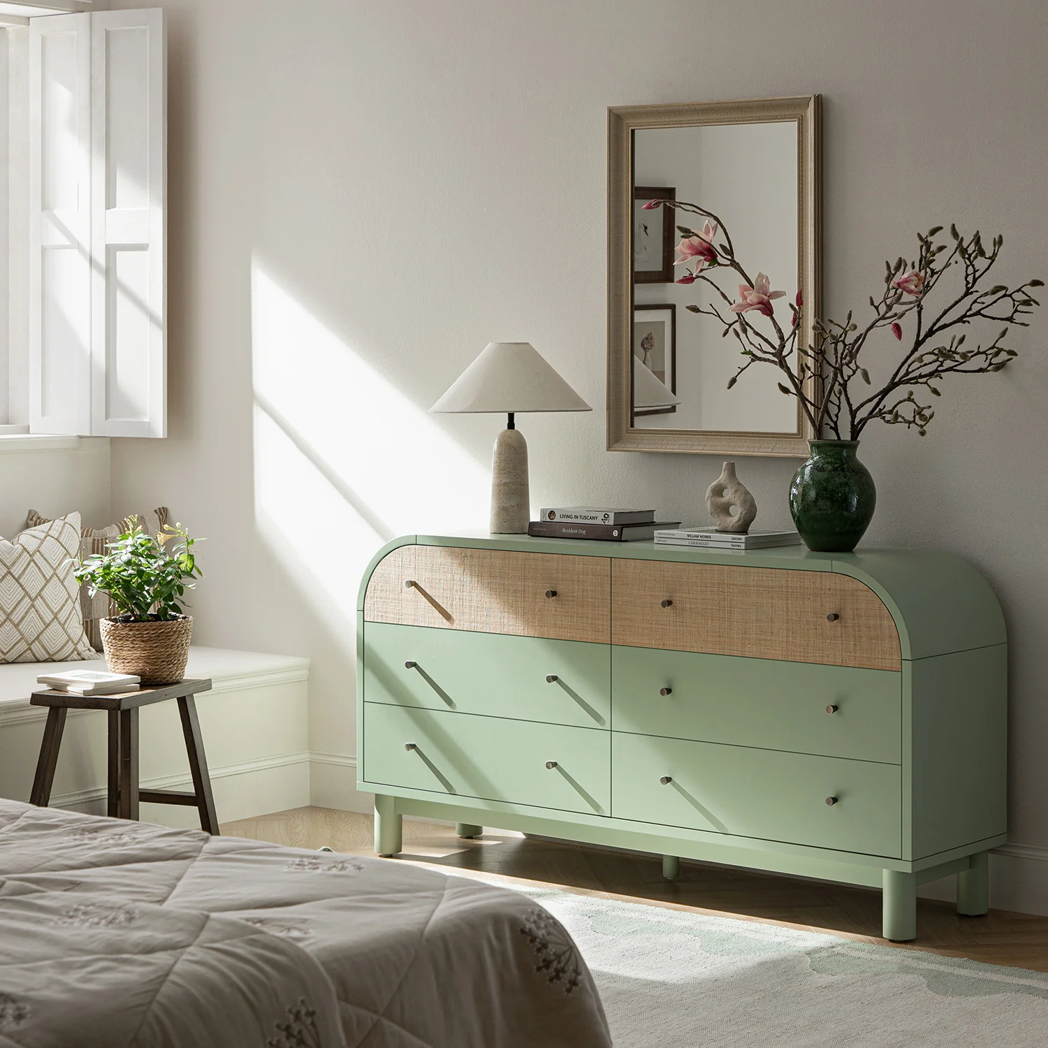 Maude Chest of 6 Drawers, Muted Pistachio Ash with Raffia - Image 3