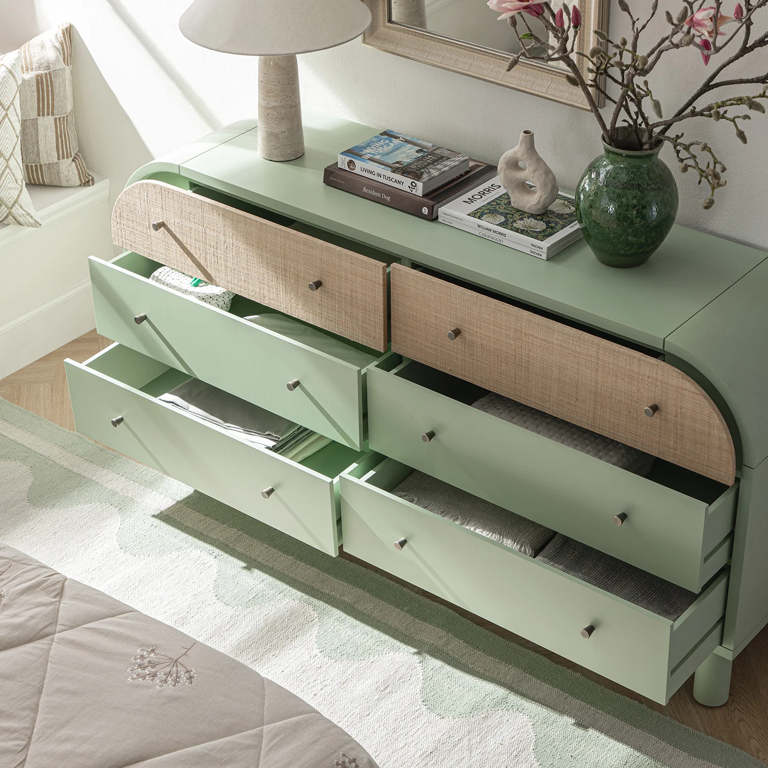 Maude Chest of 6 Drawers, Muted Pistachio Ash with Raffia - Image 4