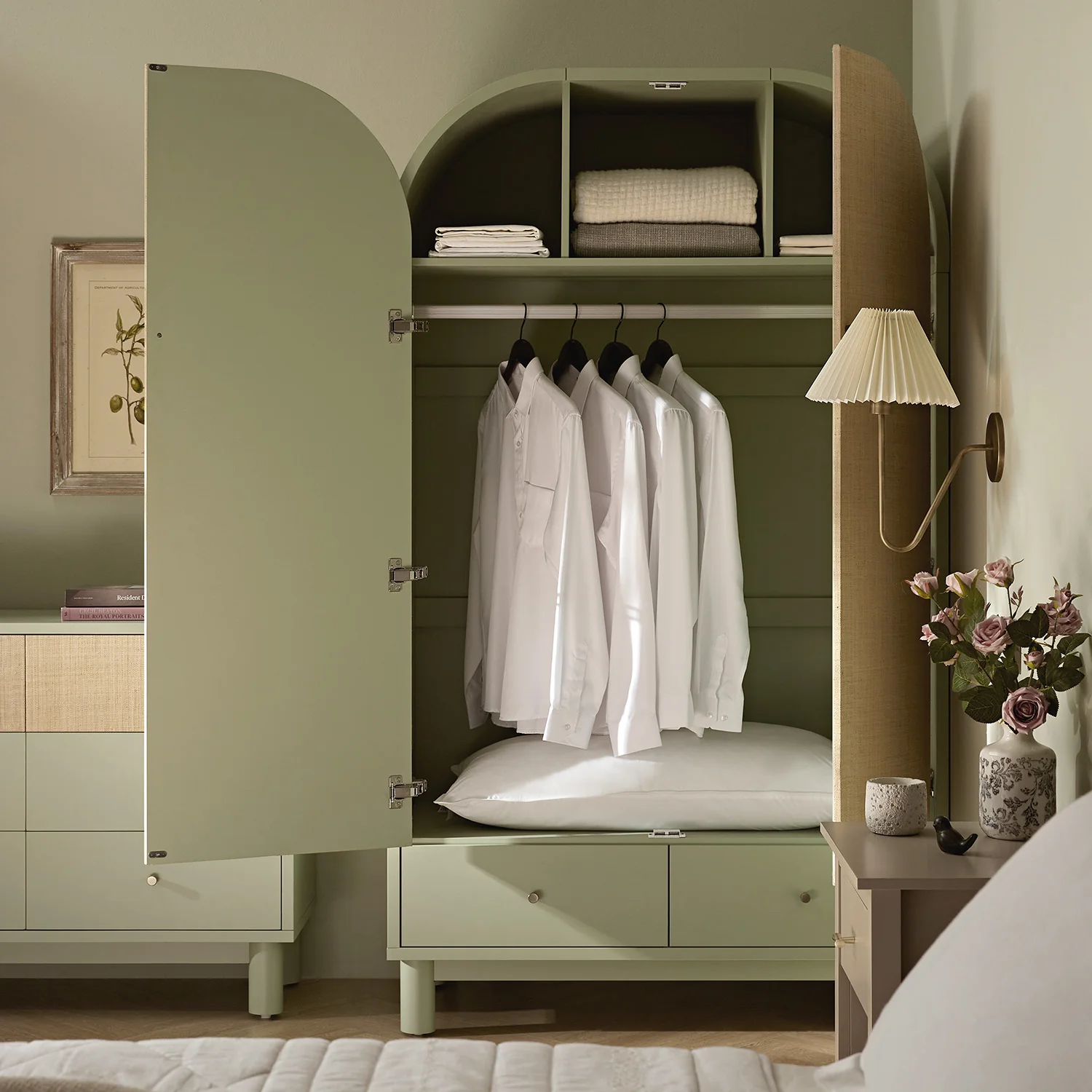 Maude Double Wardrobe, Muted Pistachio Ash with Raffia - Image 3