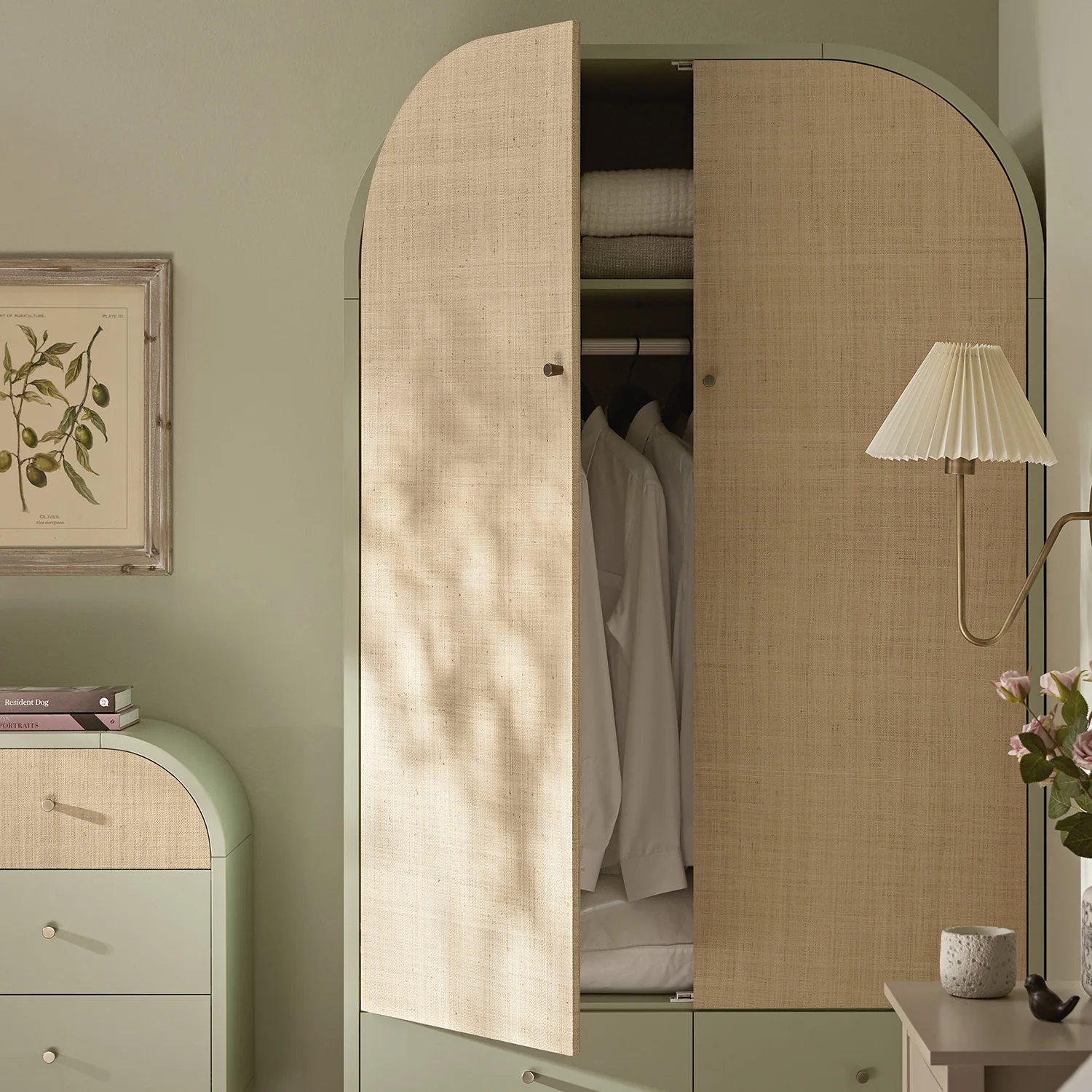 Maude Double Wardrobe, Muted Pistachio Ash with Raffia - Image 4