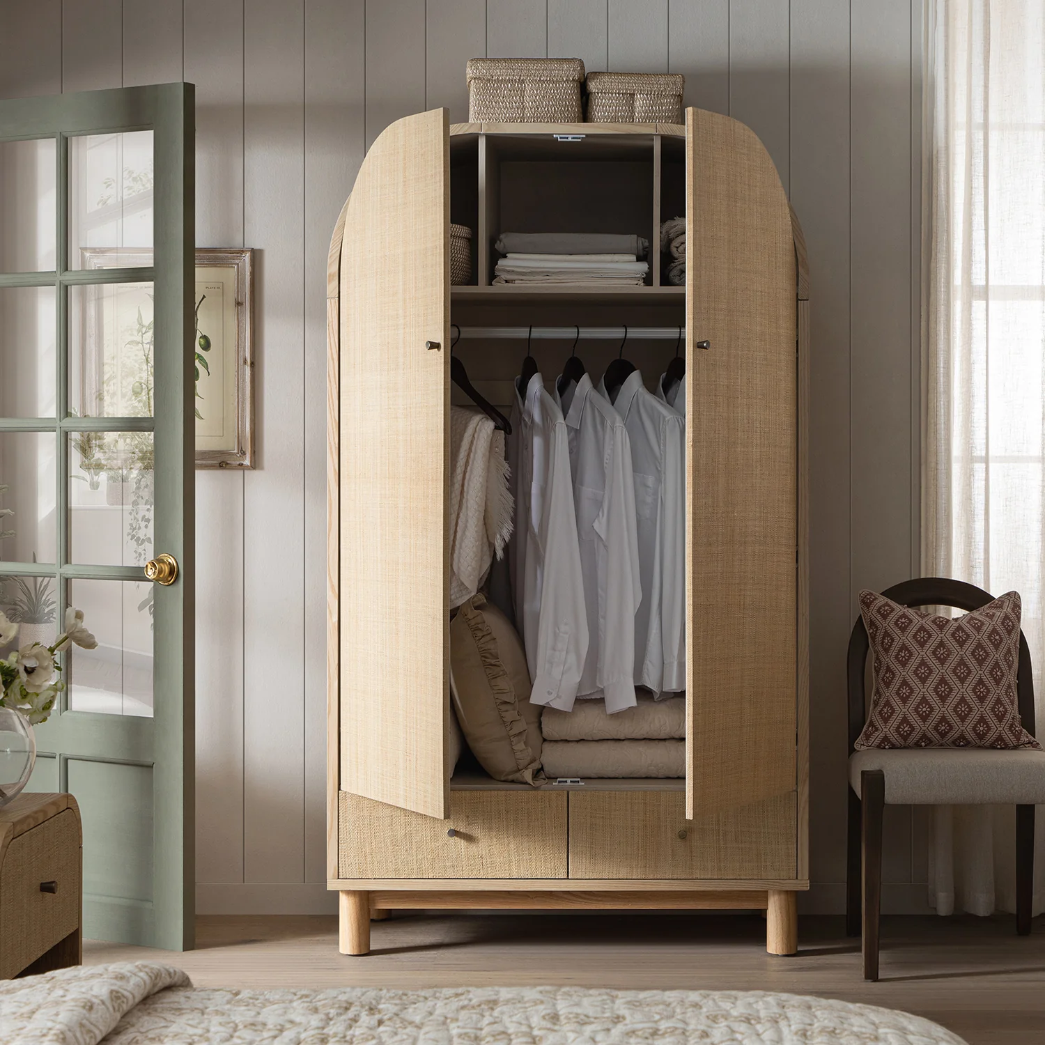 Maude Double Wardrobe, Natural Ash with Raffia - Image 3