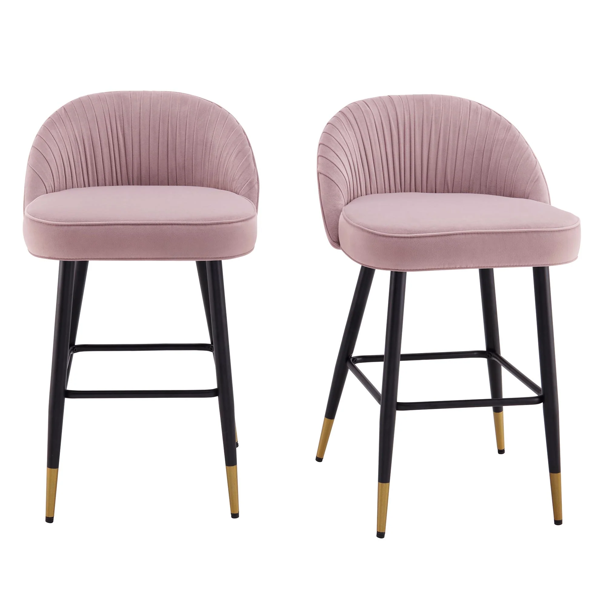 Miyae Set of 2 Pleated Pale Pink Velvet Upholstered Counter Stools - Image 3