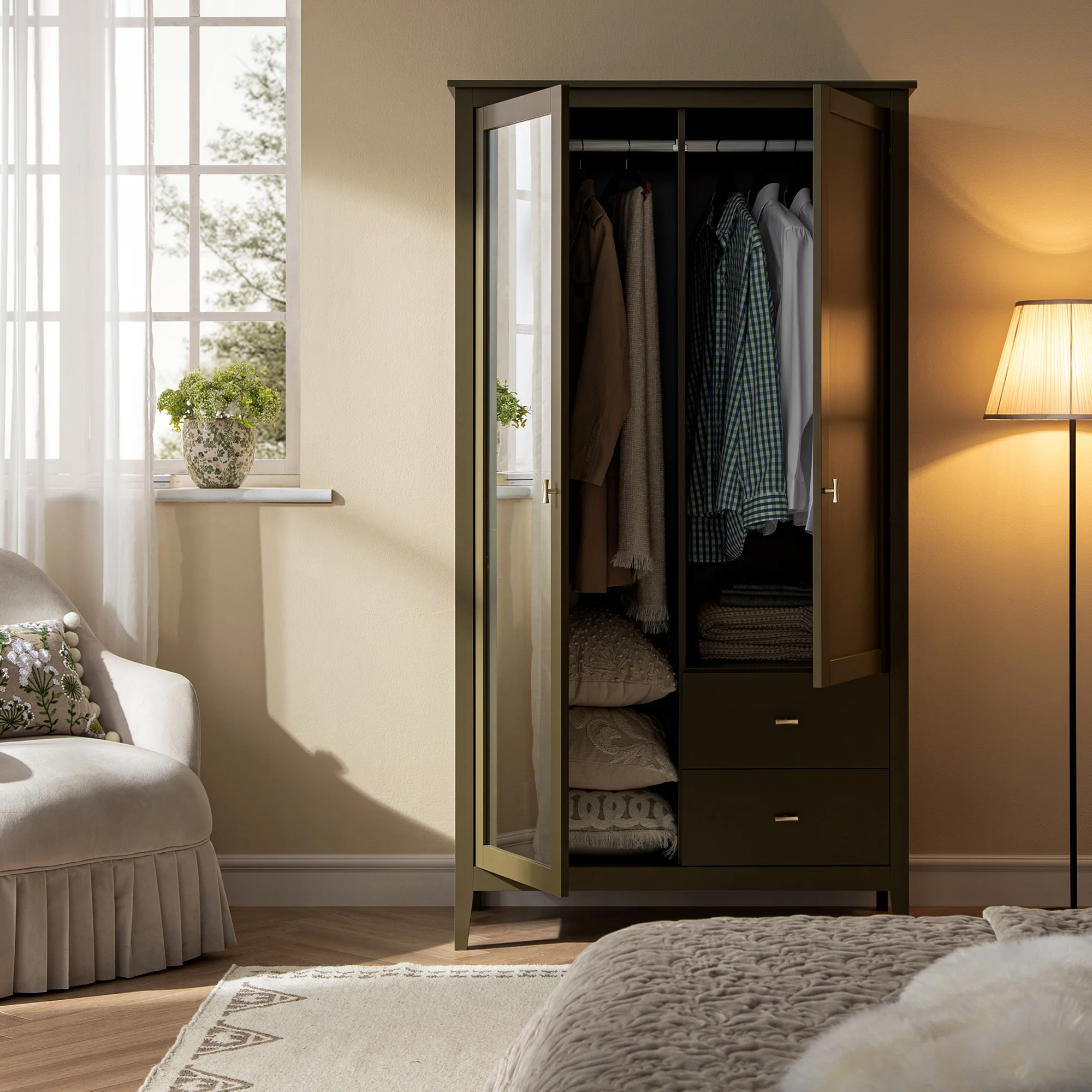 Oakham Mirrored Double Wardrobe, Olive Grove - Image 3