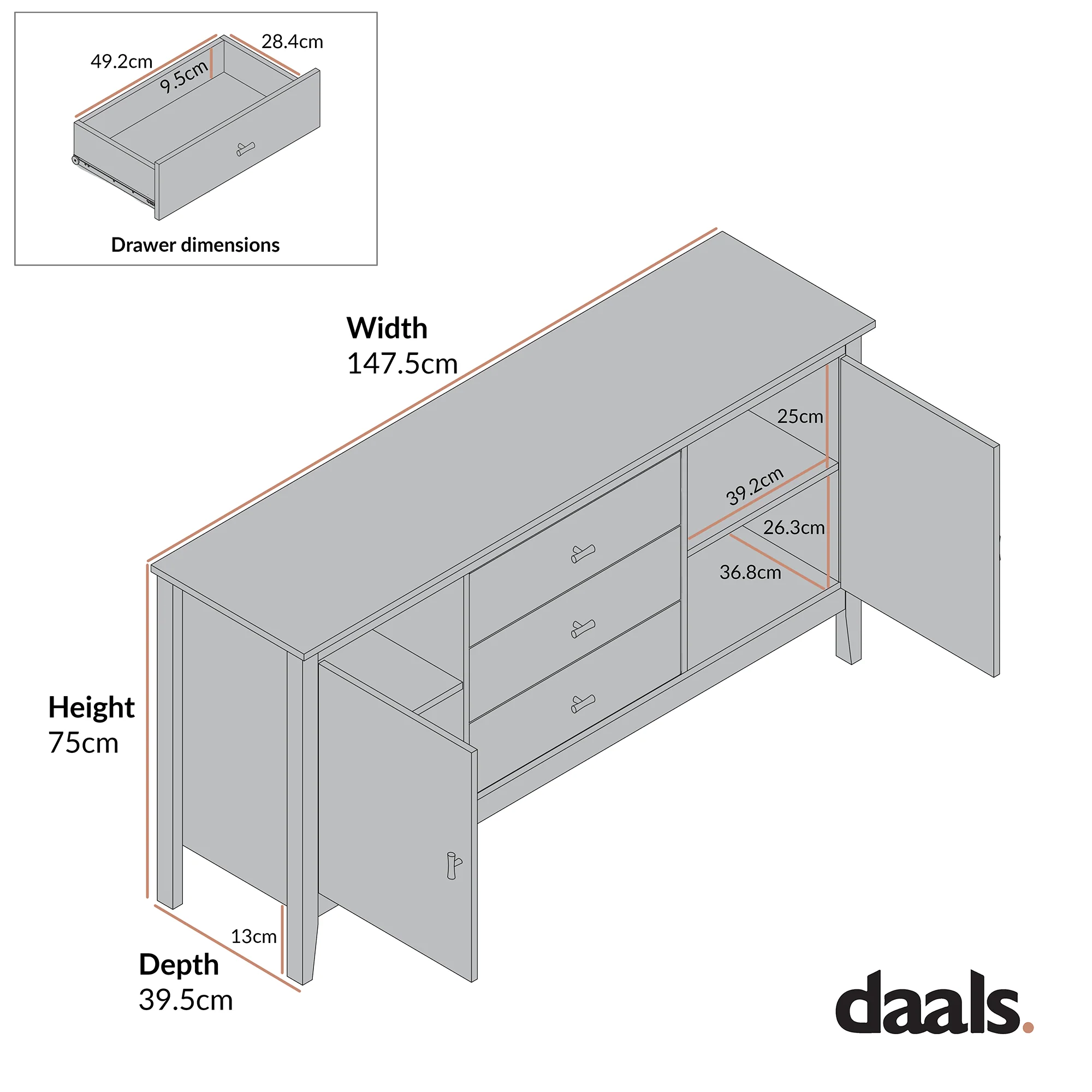 Oakham Wide Sideboard with Drawers, Stormy Blue - Image 11