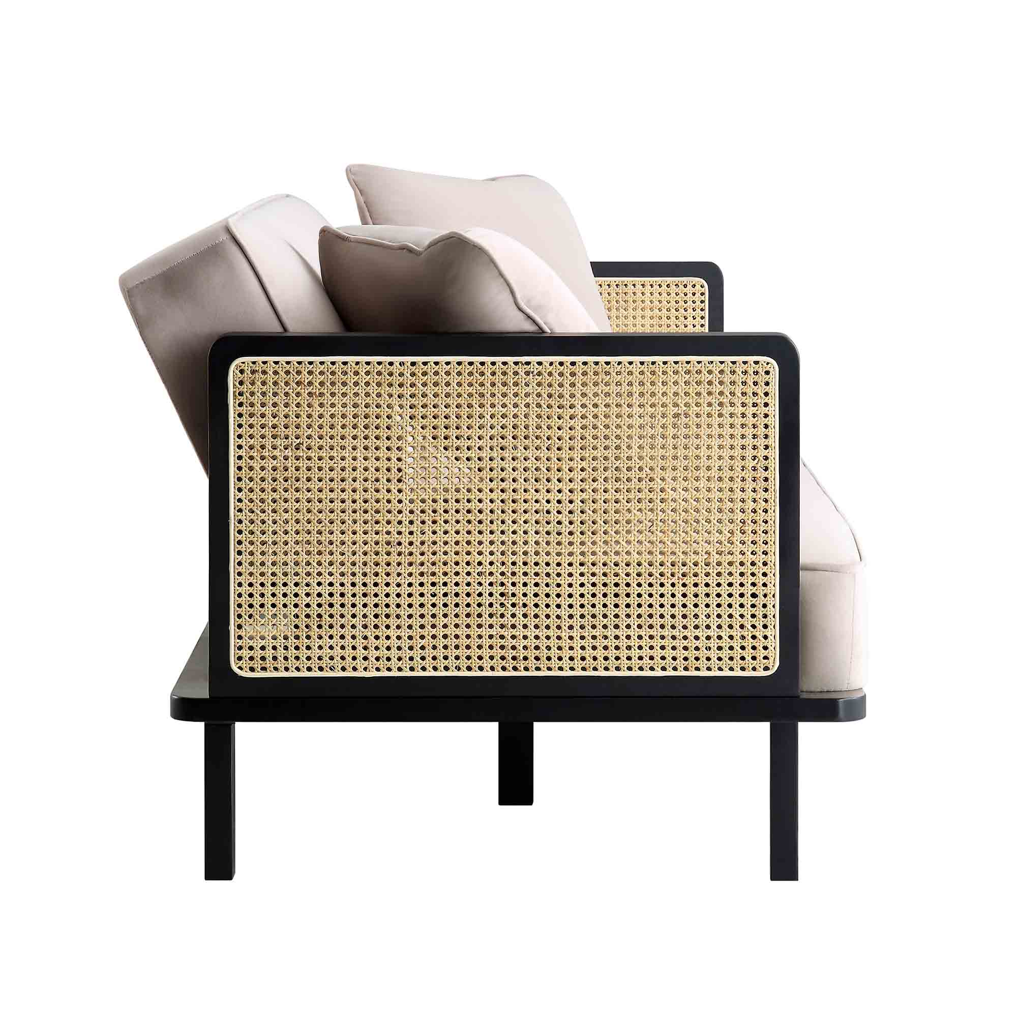 Pienza Cane Sofa Bed, Taupe Velvet with Black Solid Wood Frame - Image 12