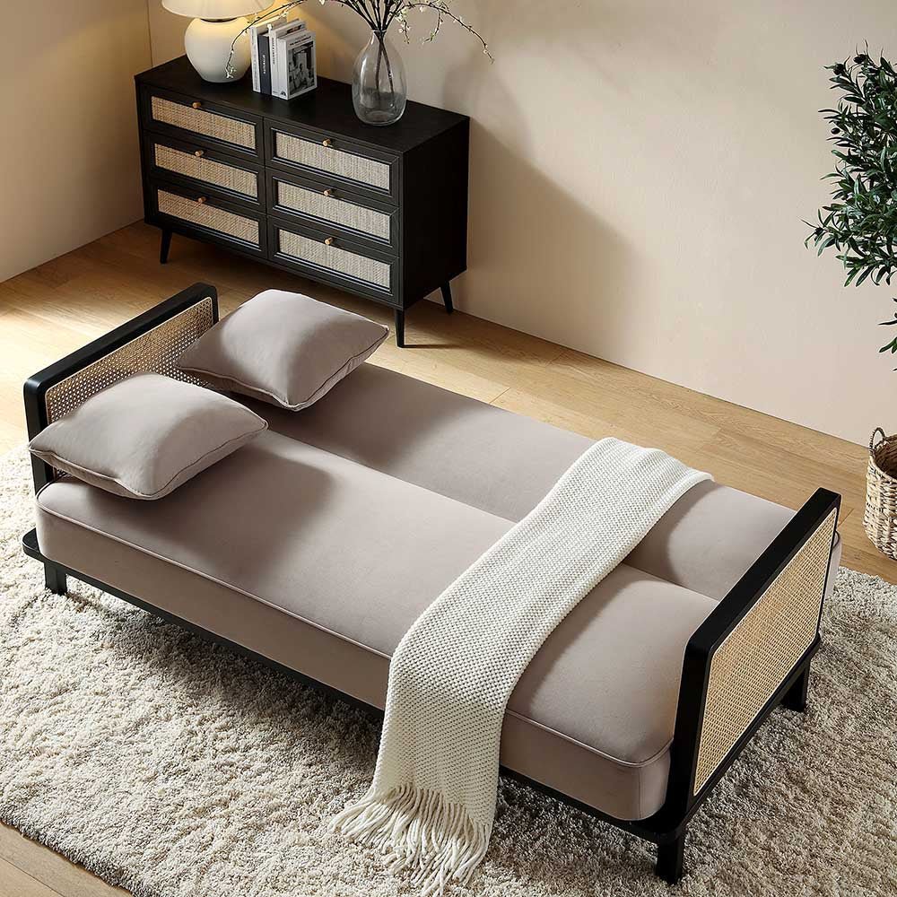 Pienza Cane Sofa Bed, Taupe Velvet with Black Solid Wood Frame - Image 3