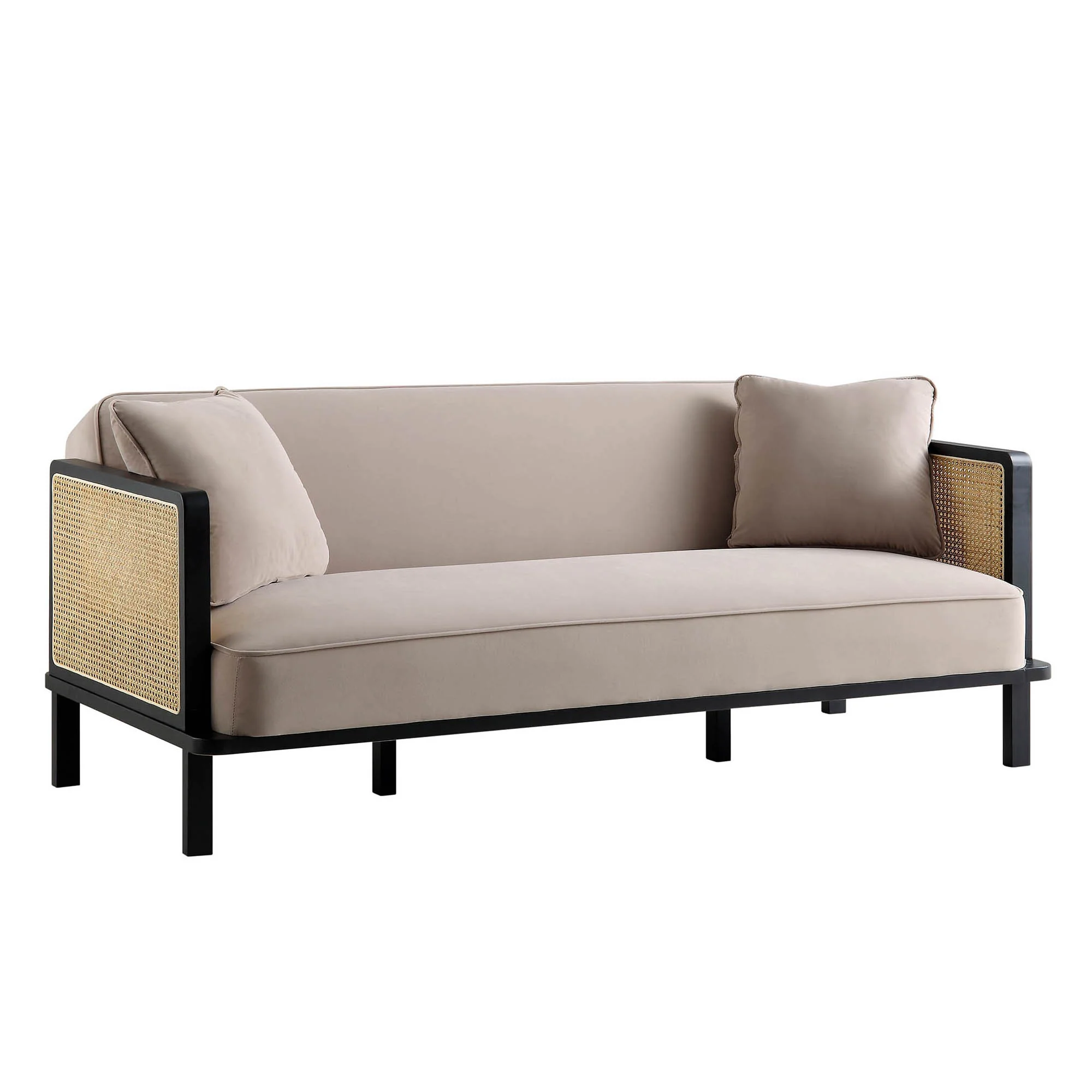 Pienza Cane Sofa Bed, Taupe Velvet with Black Solid Wood Frame - Image 4