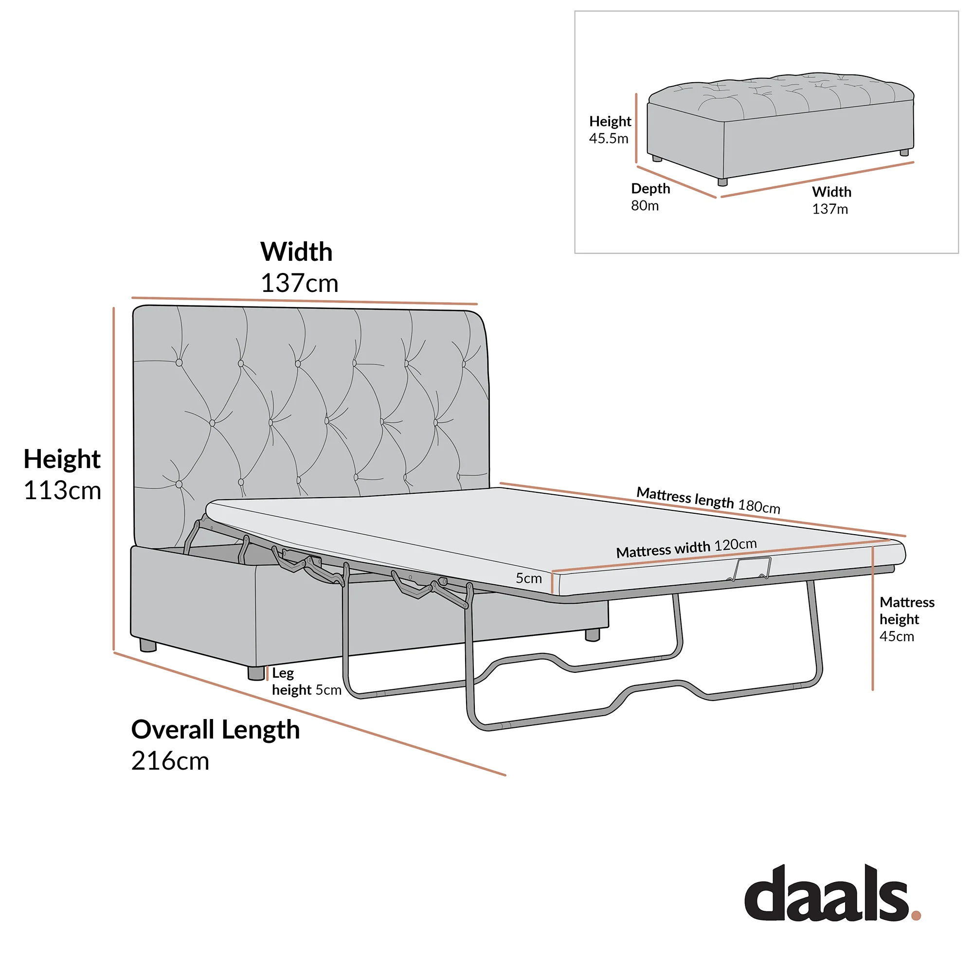 Portland Small Double Buttoned Fold-Out Bed in Ottoman, Mink Velvet - Image 11