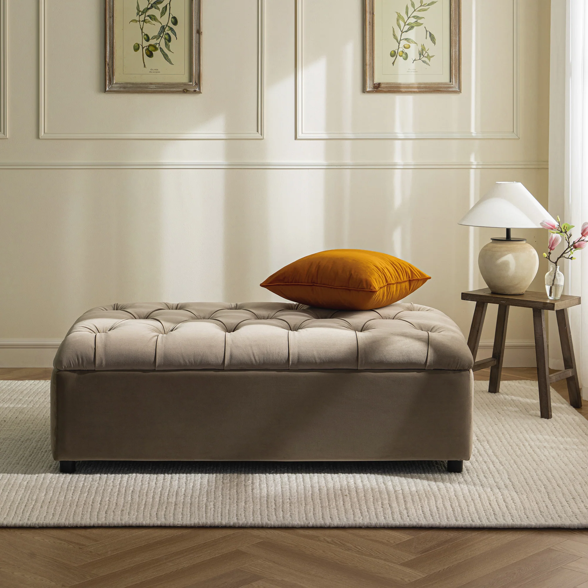 Portland Small Double Buttoned Fold-Out Bed in Ottoman, Mink Velvet - Image 3