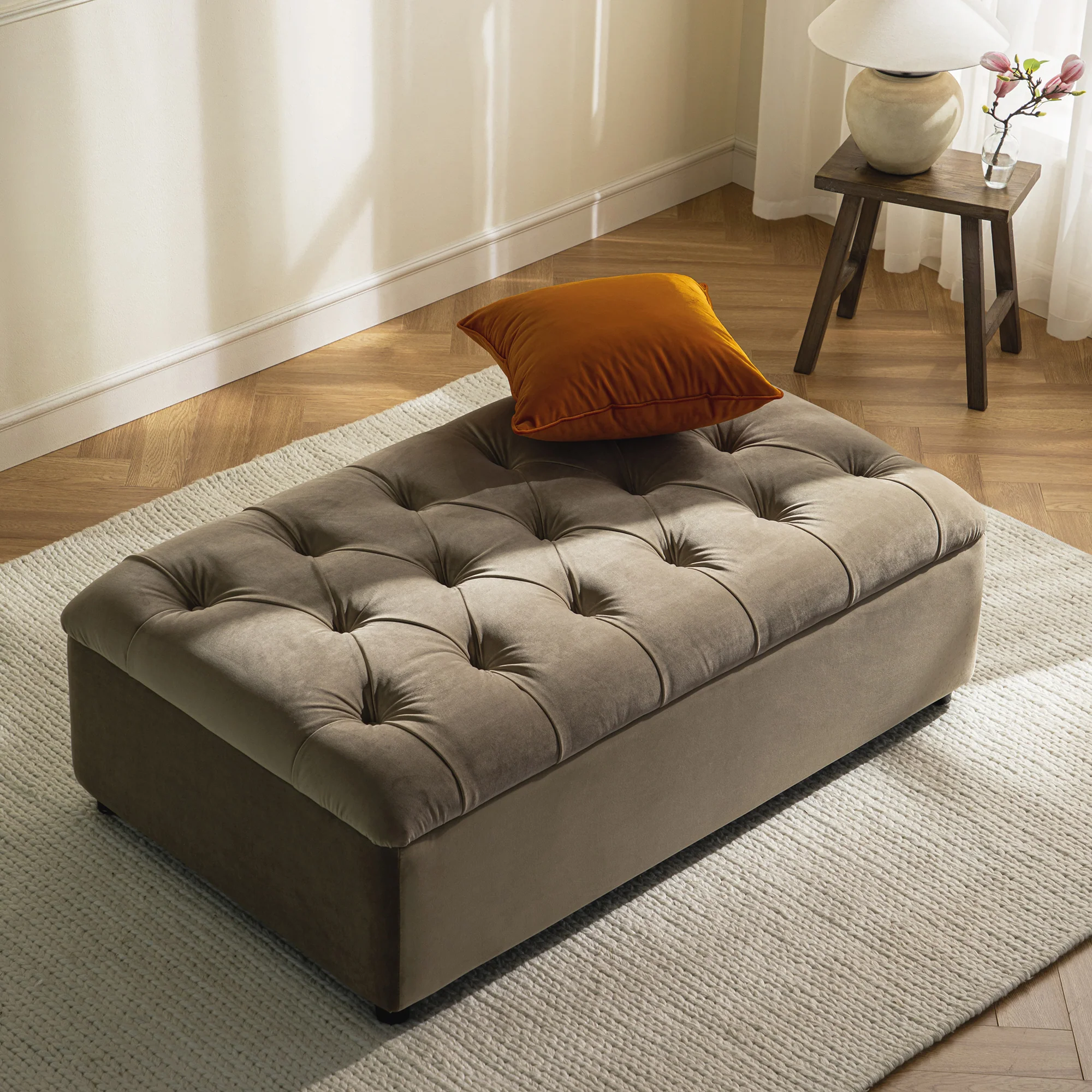 Portland Small Double Buttoned Fold-Out Bed in Ottoman, Mink Velvet - Image 5