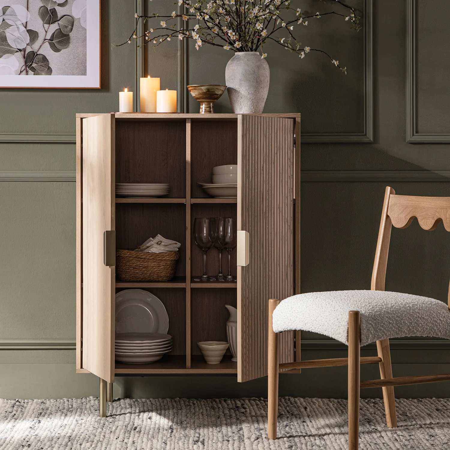 Richmond Ridged Highboard Storage Cabinet, Light Ash - Image 3