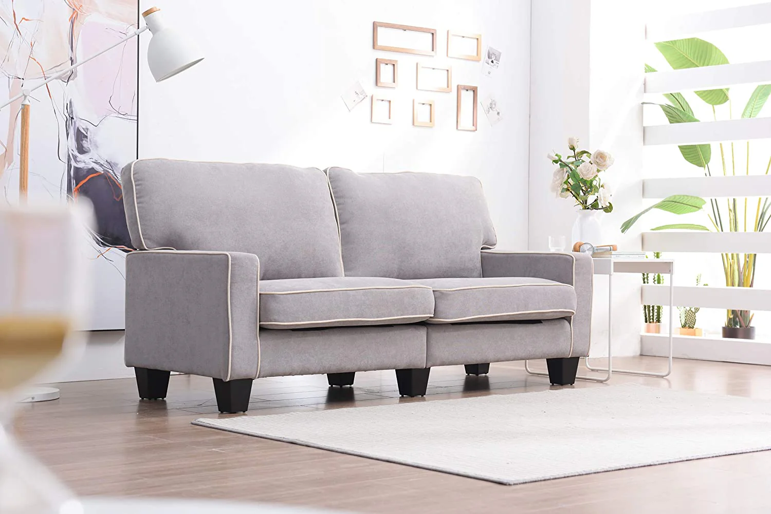 Sherbrook 3 Seater Fabric Sofa with Contrasting Trim in Light Grey Fabric - Image 3