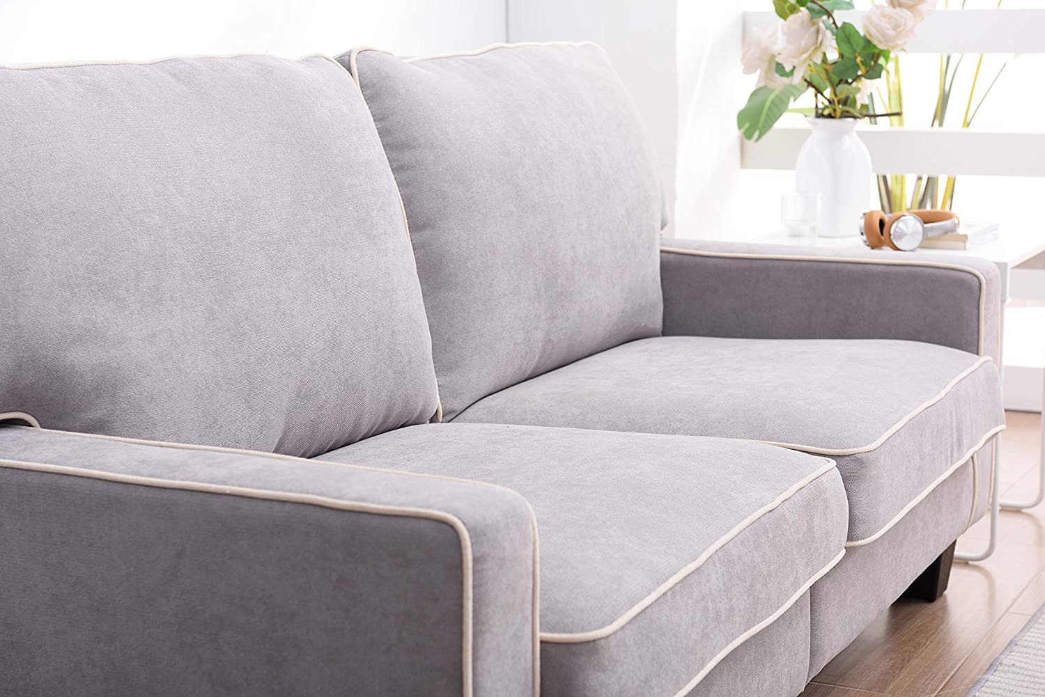 Sherbrook 3 Seater Fabric Sofa with Contrasting Trim in Light Grey Fabric - Image 5