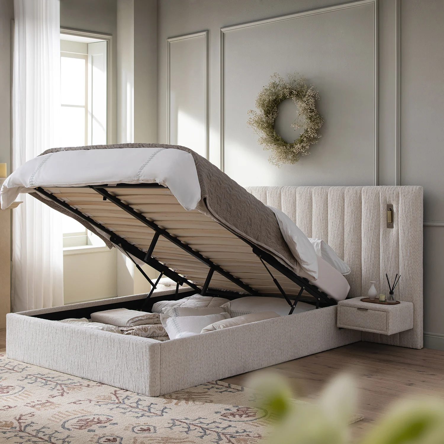 Tremezzo Oversized Ottoman Storage Bed, Beige Textured Fabric - Image 3